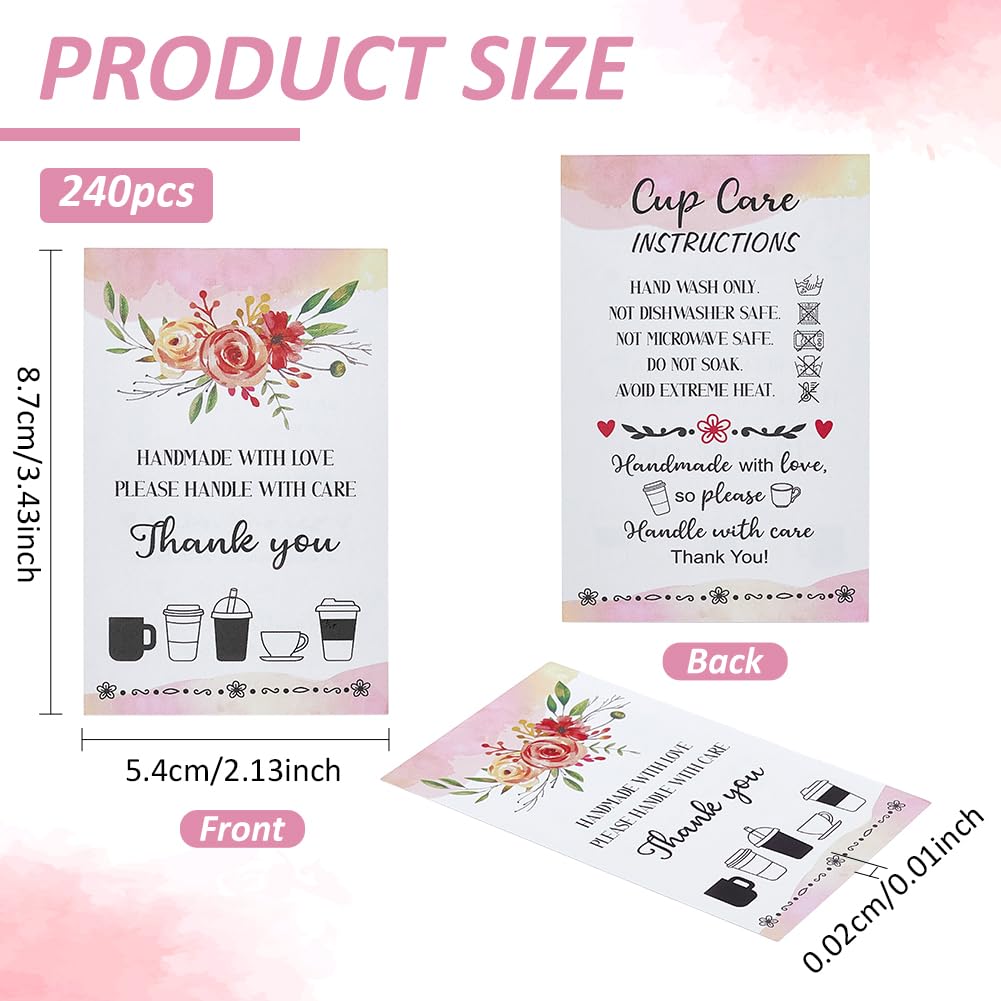 FINGERINSPIRE 240 Pcs Cup Care Instructions Cards 5.4x8.7cm Pink with Flower Print Rectangle Display Cards with Handmade with Love Text for Handmade Cups Gifts - Image 2