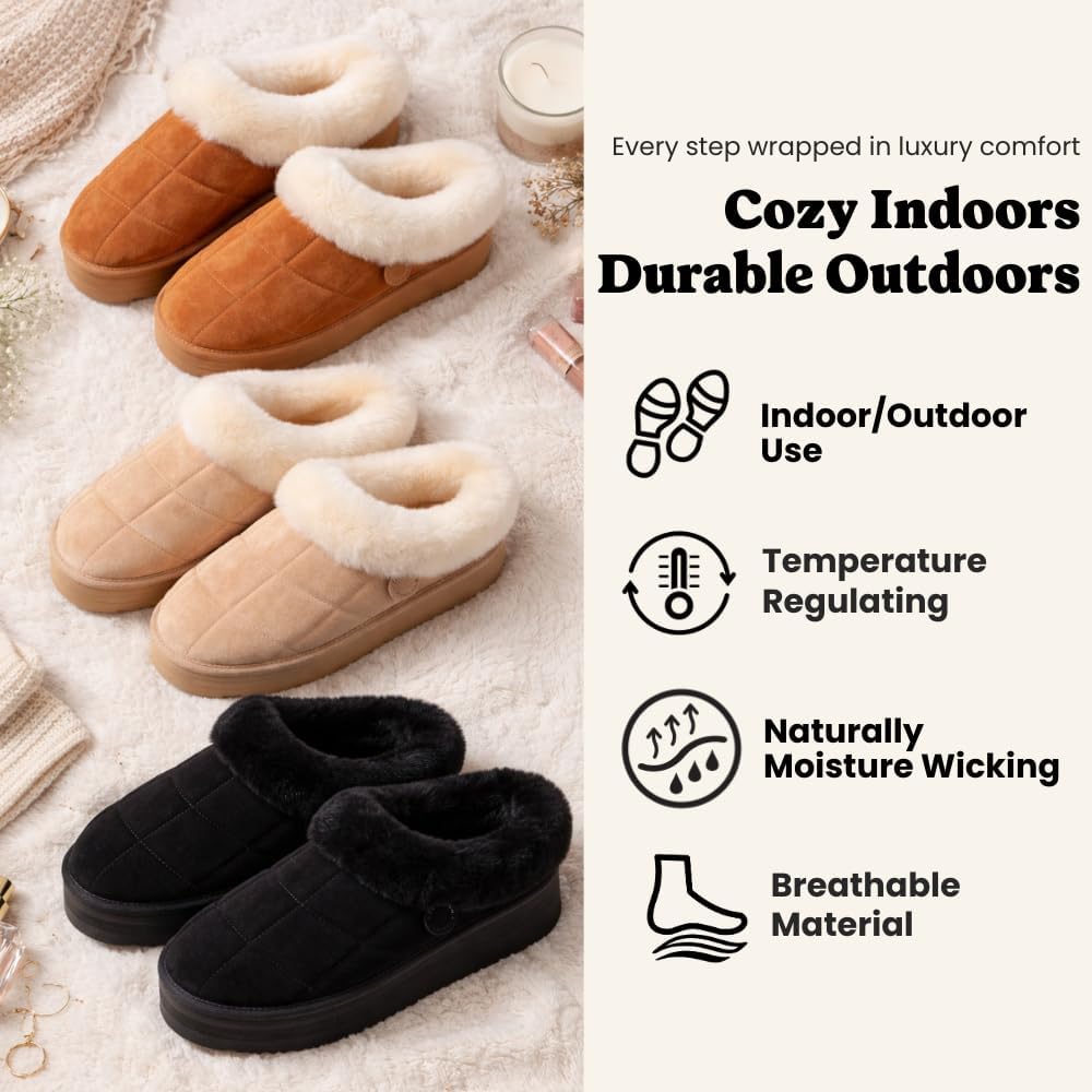 Dearfoams womens Genuine Shearling Platform Slippers Bendigo Comfy Puff Plush Womens Clog House Shoes - Image 6