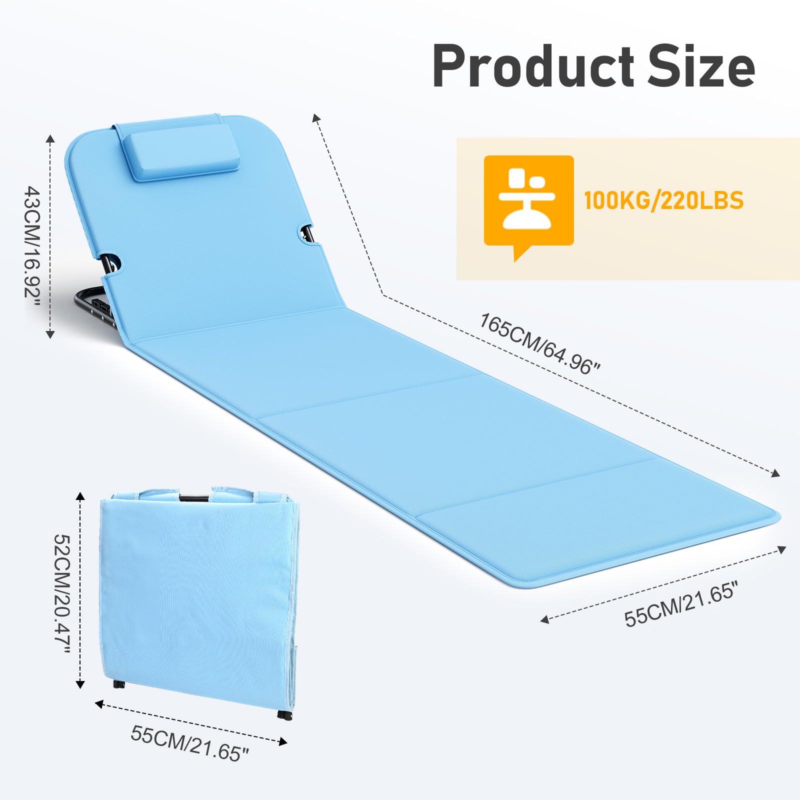 WildFun 165 X 55 cm Chaise de Plage Pliante Portable avec Sac de Transport, chaises de Plage à Haut Dossier en Maille pour Adultes, Chaise pour l'extérieur, Le Camping, Le Barbecue (1pcs, Bleu)
