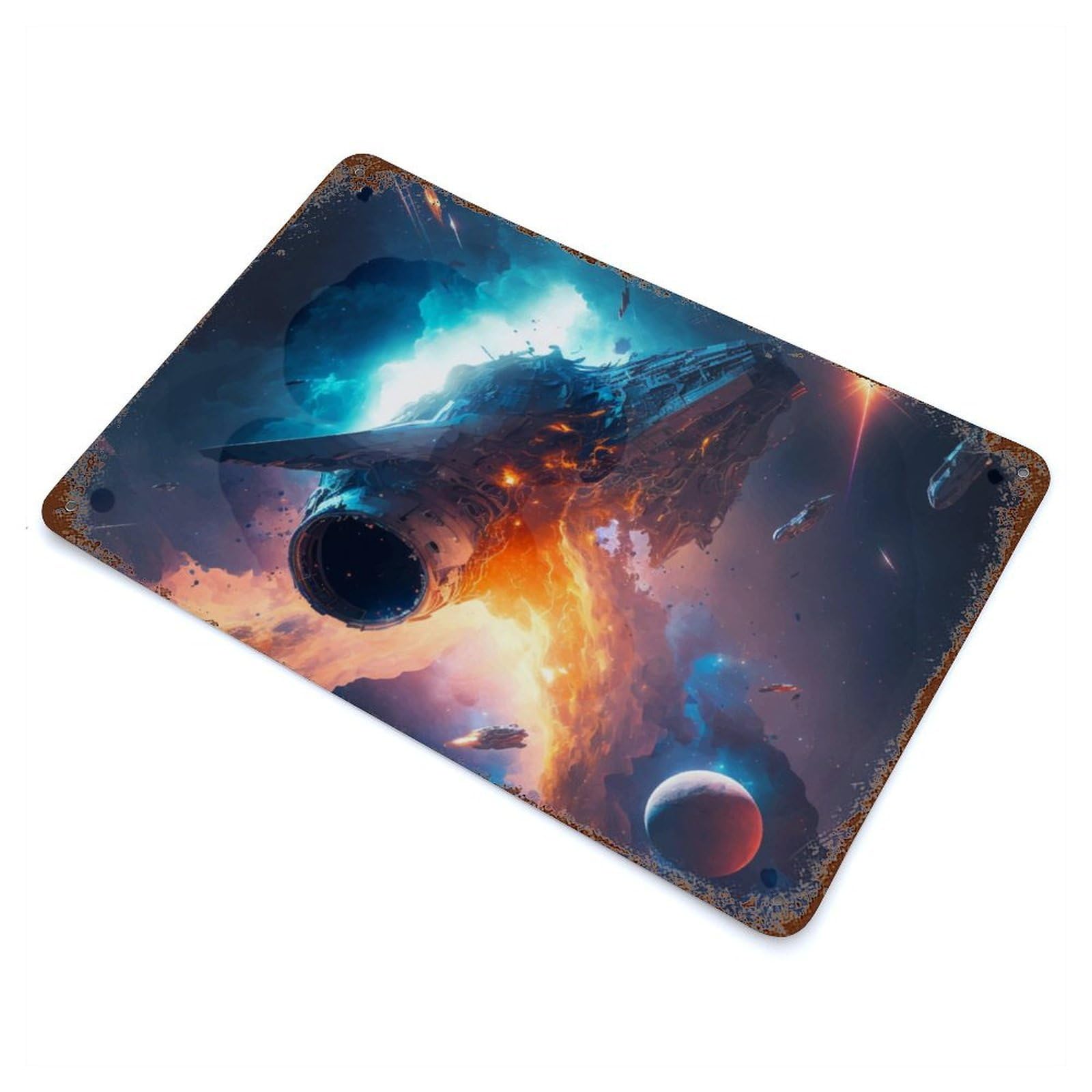 Space Ship Rustic Tin Plaque 11.8"x7.9", Ideal for Shed, Workshop And Garage Wall Decor
