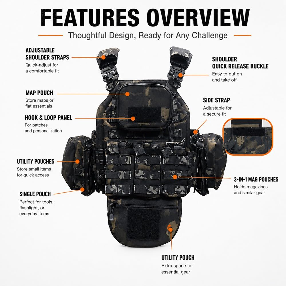 Taktische MOLLE Weste Mit Mehreren Taschen, Verstellbares Leichtes Chest Rig Aus 1000D Polyester Outdoor Ausrüstungsweste Für Wandern Angeln Jagd Und Freizeitaktivitäten