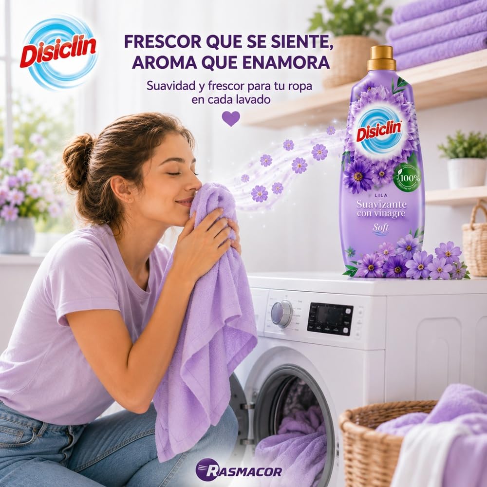 Disclin Suavizante con Vinagre Lila 1300 ml (Pack 8 unidades) | 72 Lavados por Botella | Suavidad y Frescor para la Ropa | Ayuda a Neutralizar Olores | Cuidado Diario de los Tejidos | RASMACOR