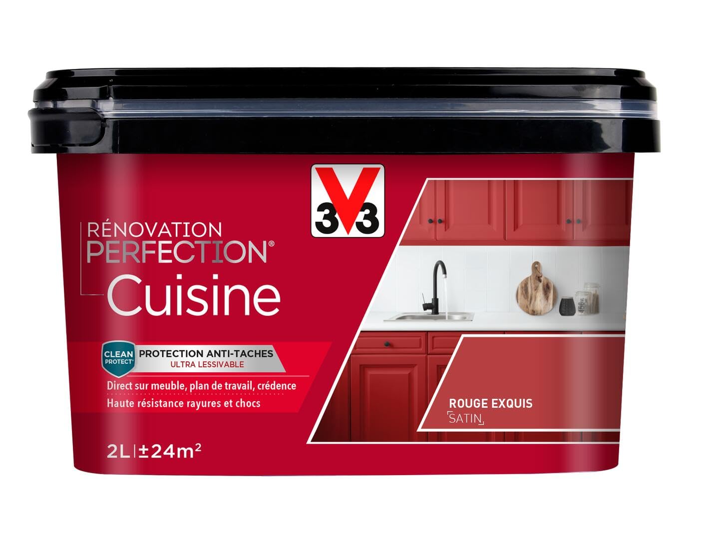 V33 Peinture de rénovation cuisine, Rénovation perfection Rouge exquis satin 2L | Haute Résistance taches et Chocs - Ultra-Lessivable - Meuble - Crédence - Plan de travail