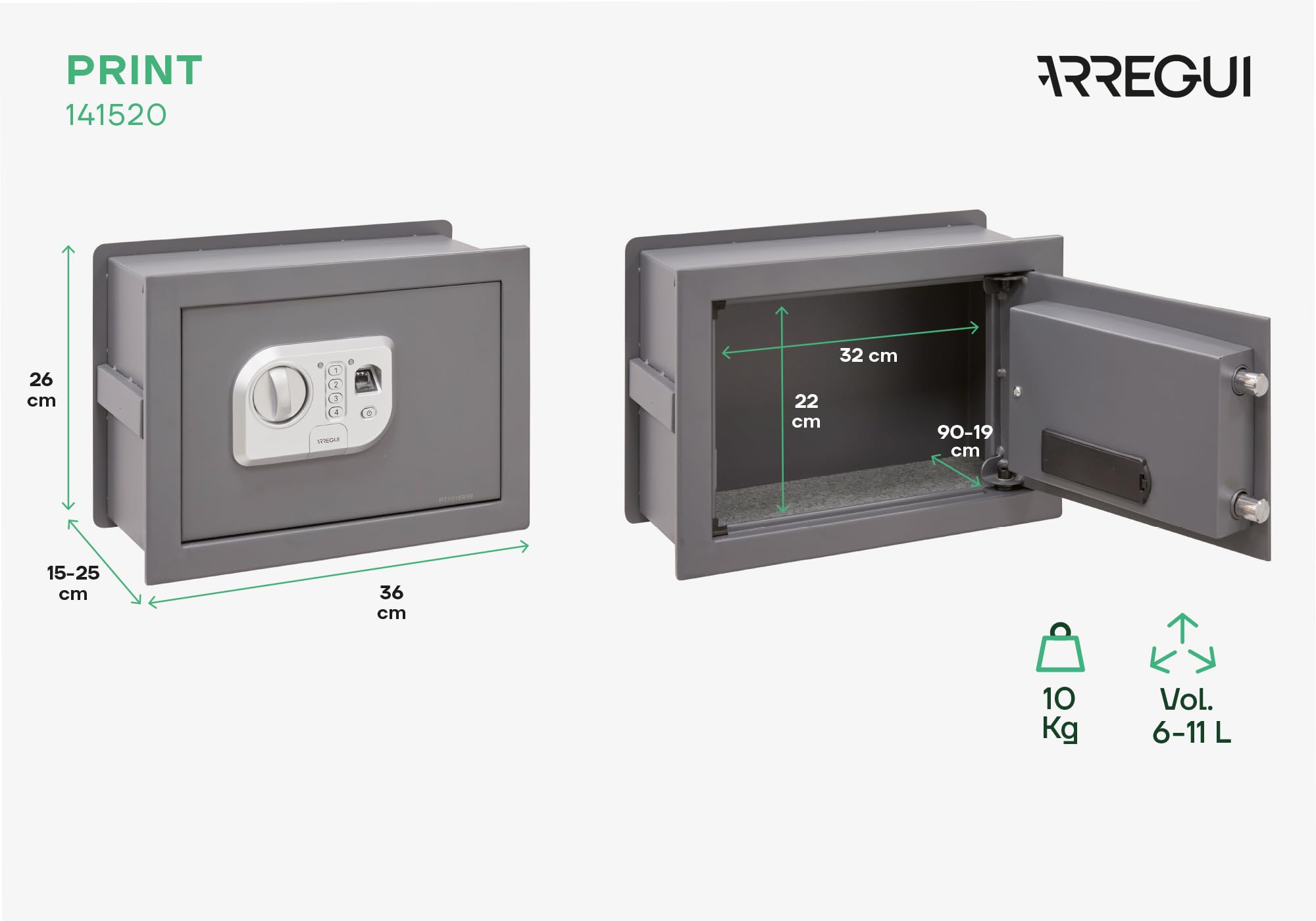Arregui Print 141520 Cassaforte da incasso a muro con apertura tramite impronta digitale o con codice|Cassaforte di sicurezza con lettore biometrico per casa e ufficio|Scomparto estensibile 26 x 35 x
