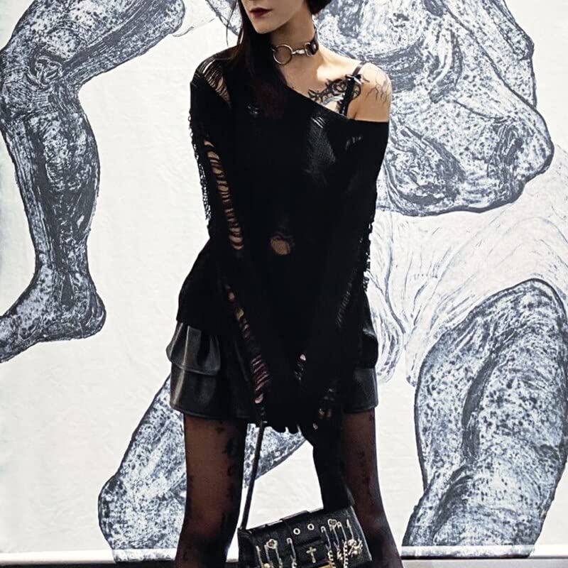 Women's Gothic Sweater Punk Cutout Loose Knit Pullover top Sexy Sheer Sweater Grunge Clothes4