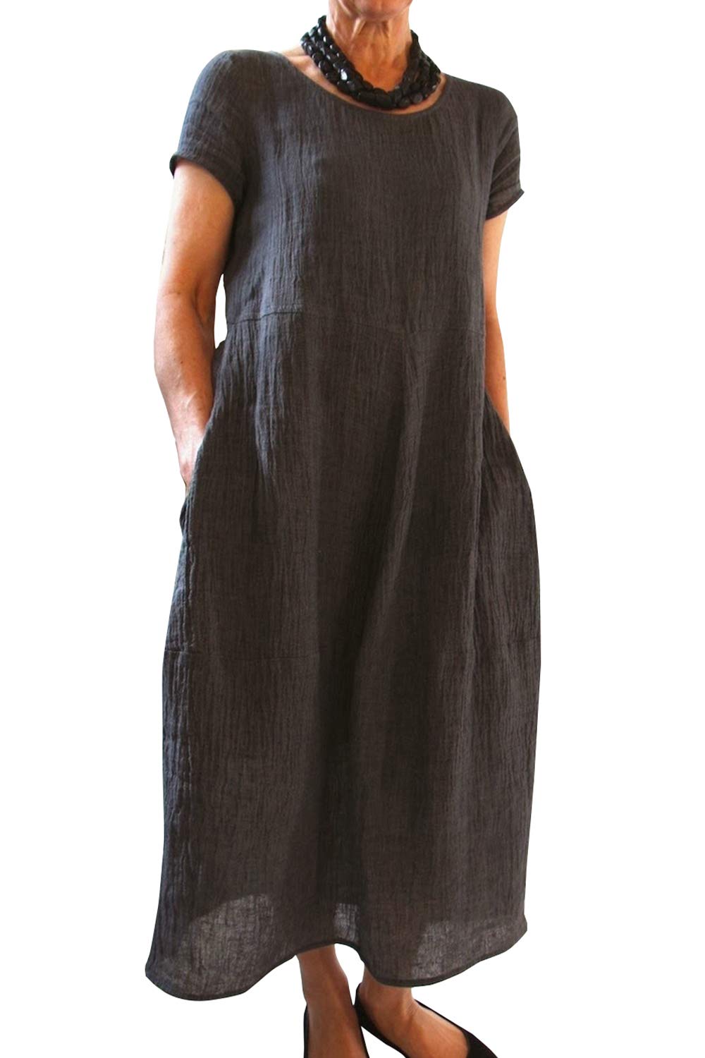 Imuedaen Summer Dress Women's Dresses Summer Casual Crew Neck Short Sleeve Casual Dress Beach Dresses Boho Long Dress with Pockets