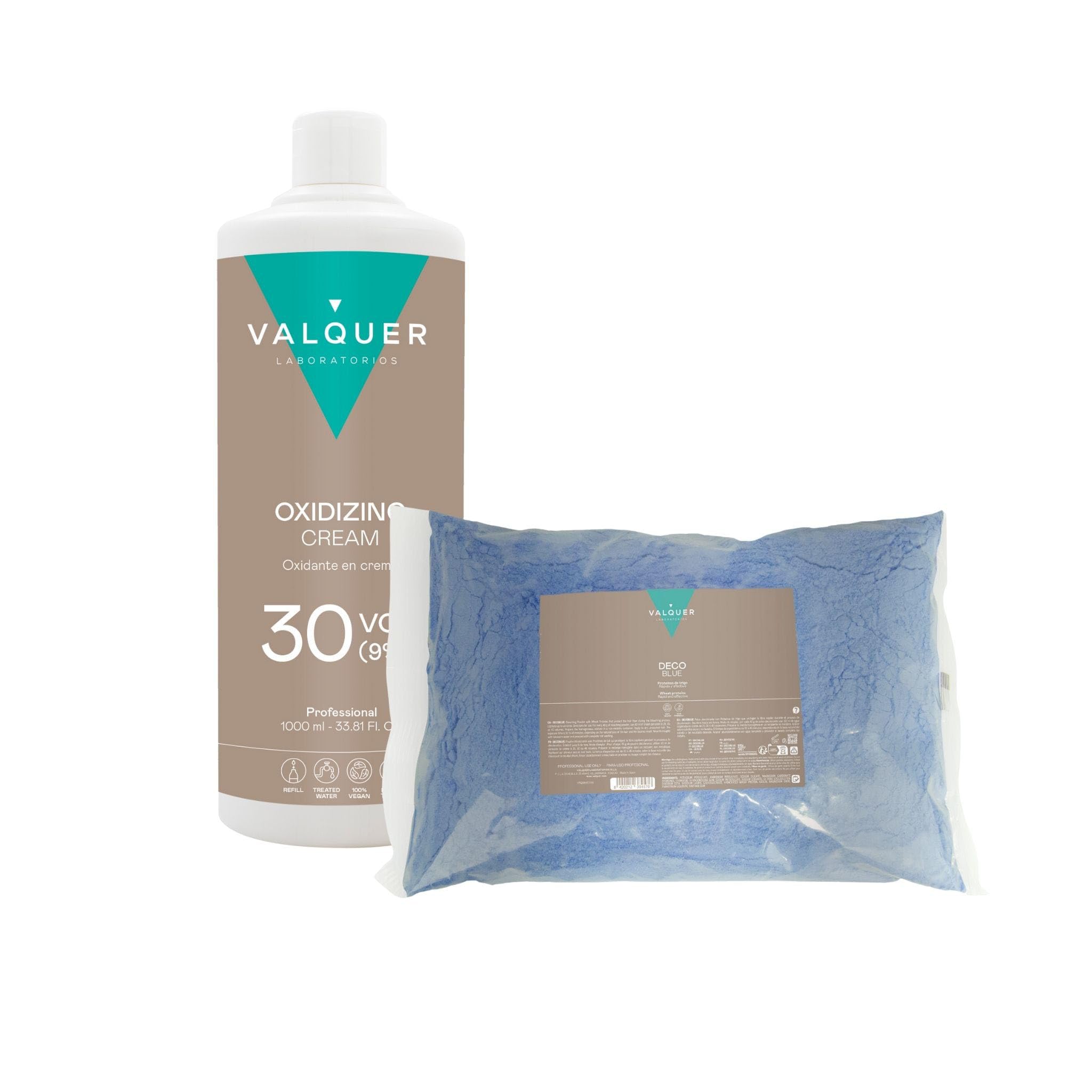 VALQUER Kit Décoloration Cheveux Professionnel Vegan Décoblue 500 g + Oxydant 30 Vol 9% 1000 ml, Éclaircissement Jusqu’à 6 Tons, Balayage, Mèches, Blond Polaire