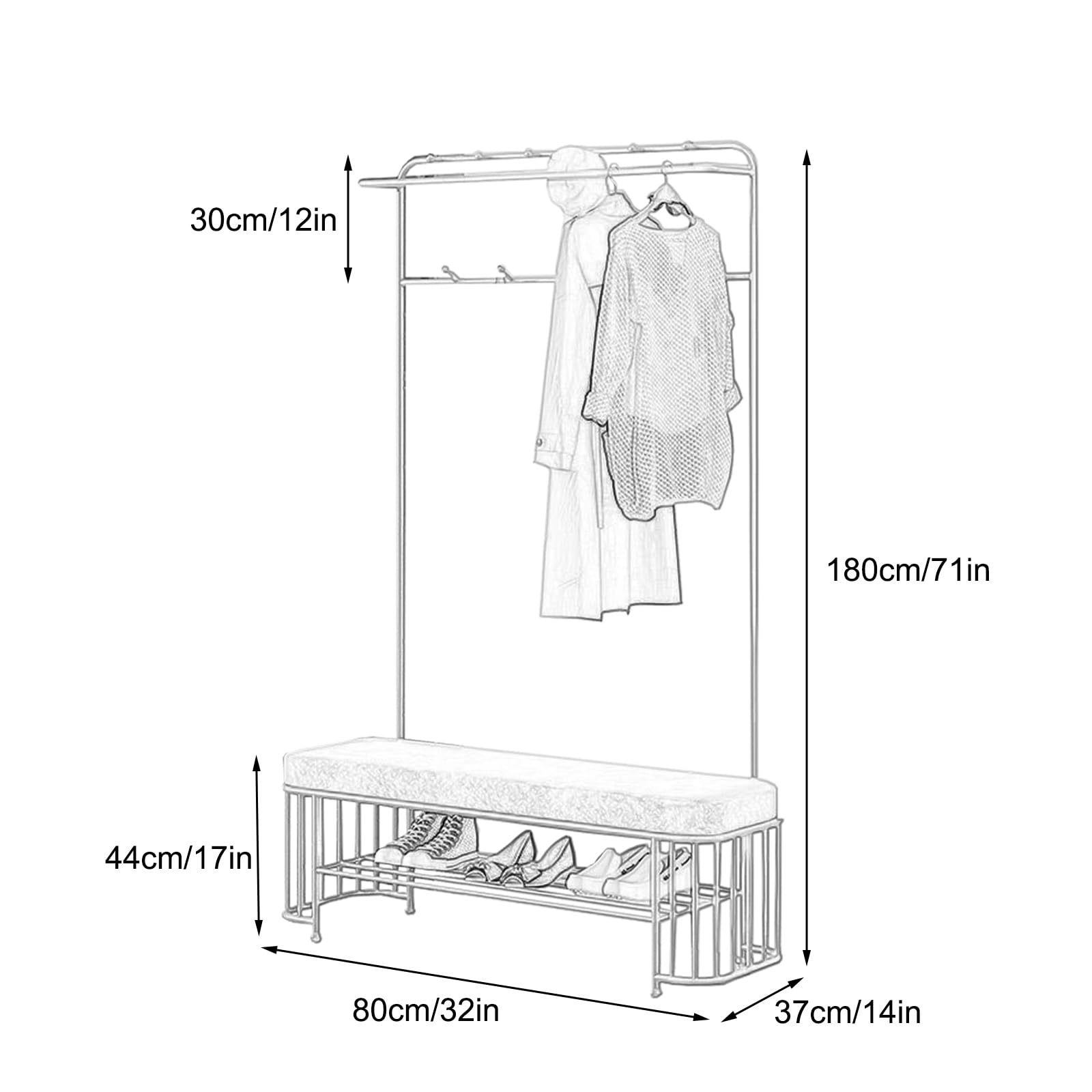 Banc d'entrée avec rangement à chaussures et porte-manteau - Meuble d'entrée rembourré rose pour couloir et chambre à coucher - 80 cm
