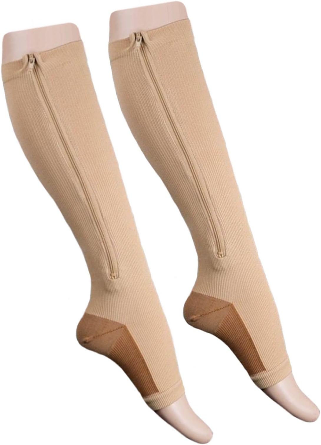 Starmace Leg Calf 20-30 mmHg Compression Zipper Stockings Pressure Circulation Hosiery Varicose Veins Muscle Soreness Zip Up Socks (L/XL, Beige)