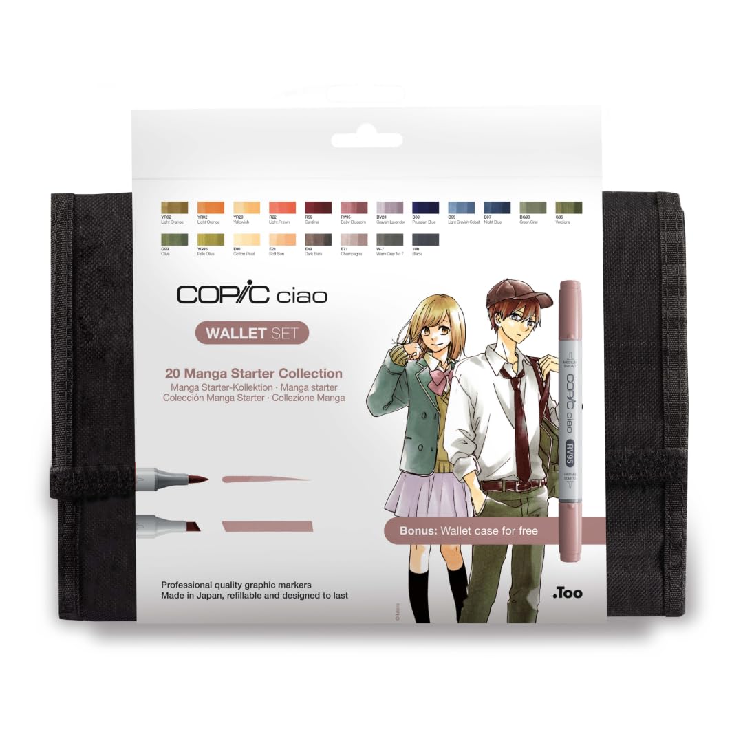 COPIC Ciao Marker 20er Manga Set "Love" w portfelu, markery uniwersalne do układania na bazie alkoholu z jedną końcówką średniej szerokości i jedną pędzelkową