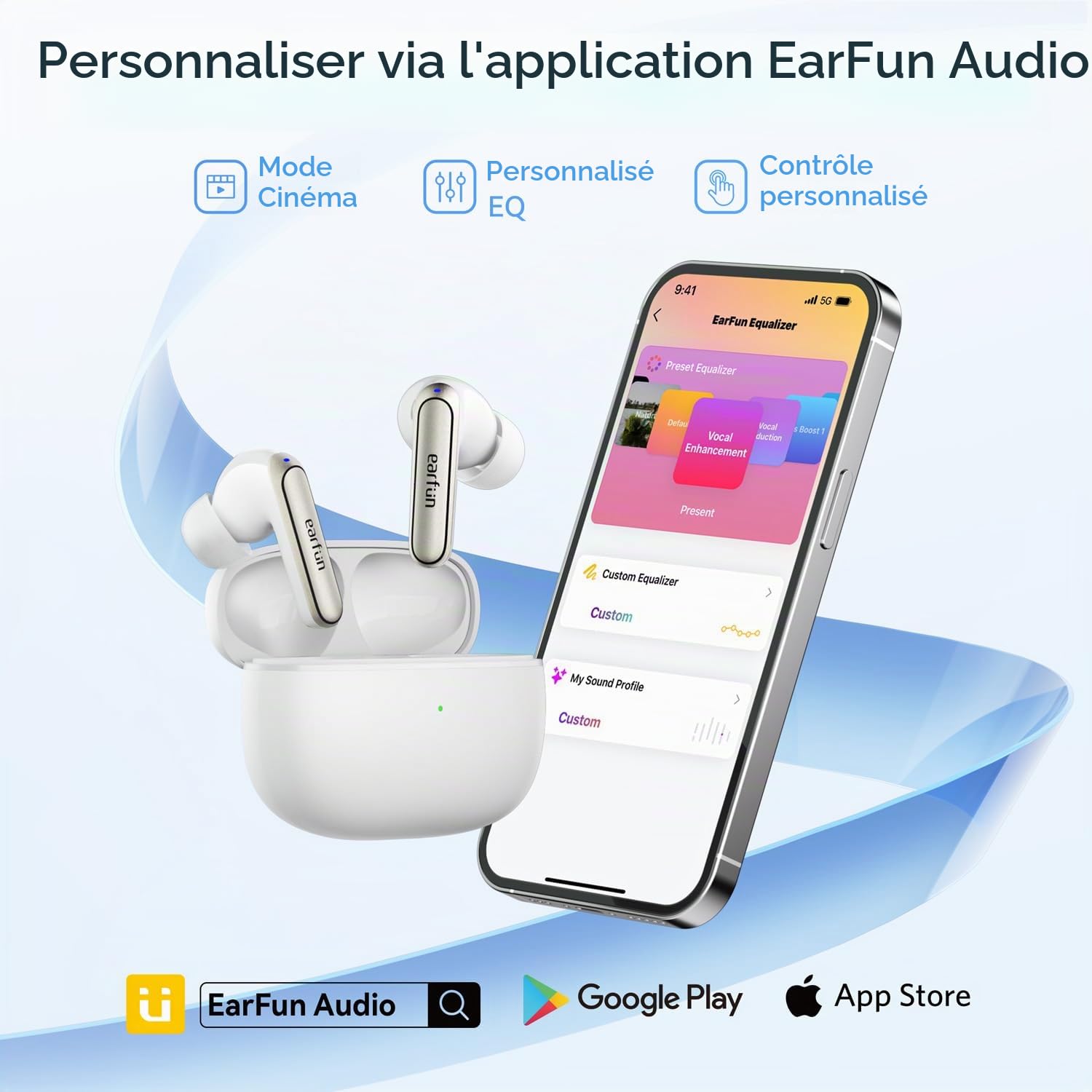 EarFun Air 2 NC Écouteurs sans Fil à Réduction de Bruit Adaptative, 6 Micros AI ENC, Son Hi-Res, LDAC, 40H d’Autonomie, Connexion Multipoint, Confort Optimal, EQ Via App, Google Fast Pair, Blanc