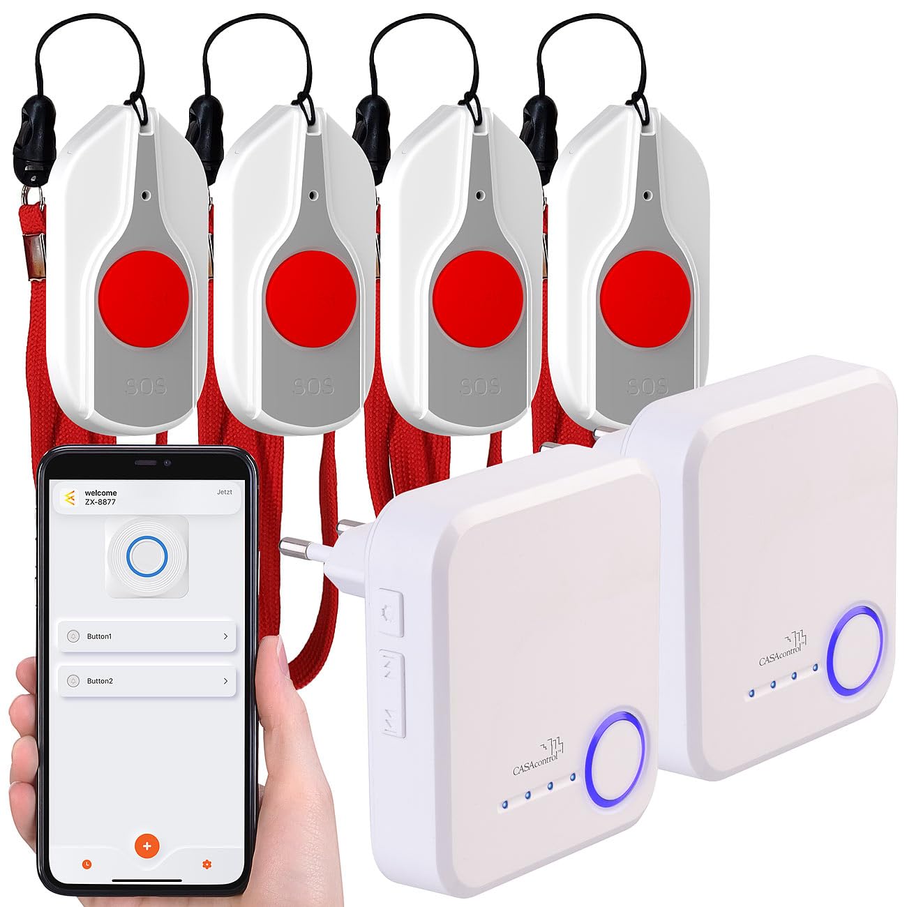 Notruftasten: Smartes SOS-Notrufknopf-Set für Senioren, 4X Sender, 2X Empfänger, App (Smarter SOS-Knöpfe, Notrufgerät)
