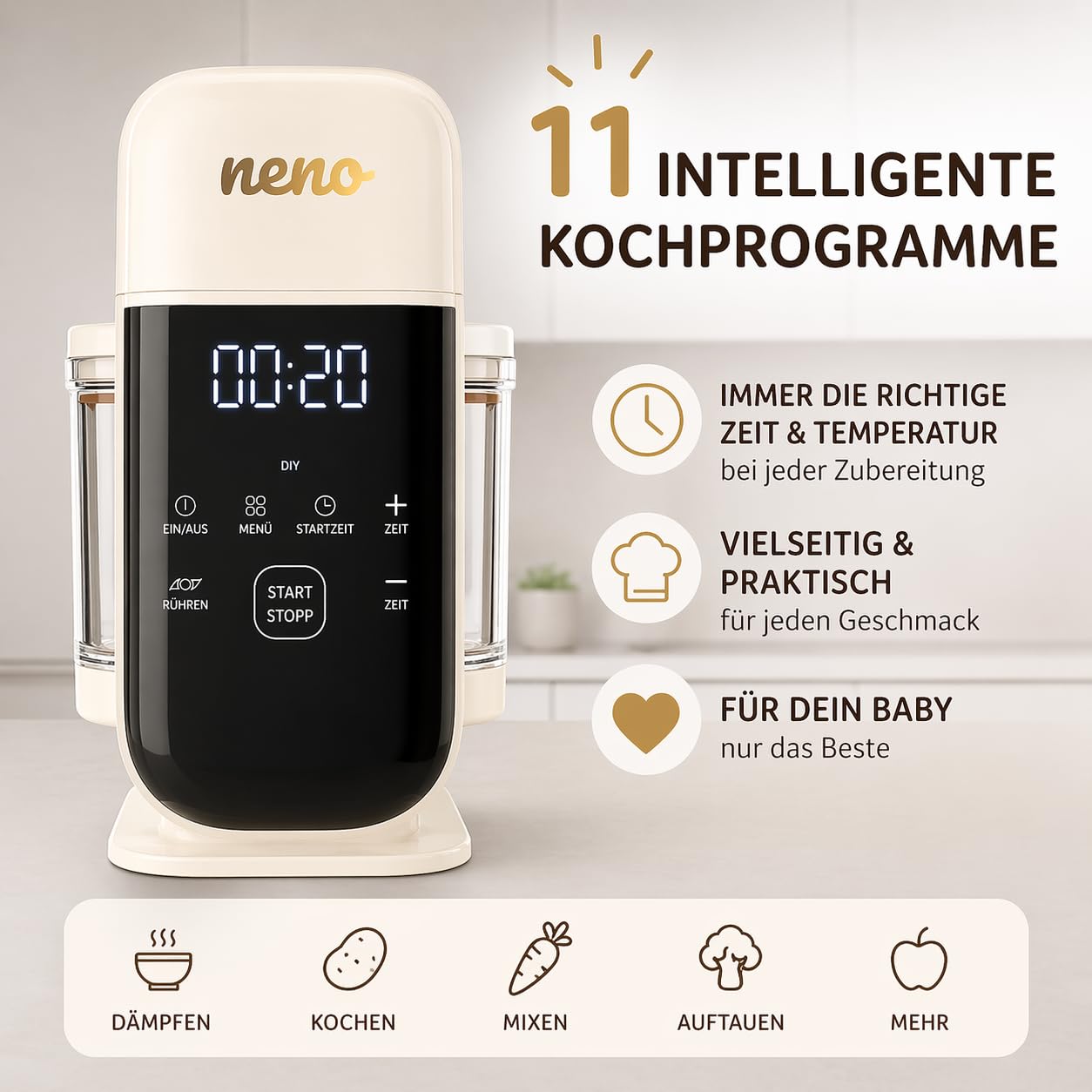 Neno Oro Babynahrungszubereiter 4 in 1 - Dampfgarer, Pürieren, Warmhalten, Zerkleinern - 11 Intelligente Kochprogramme