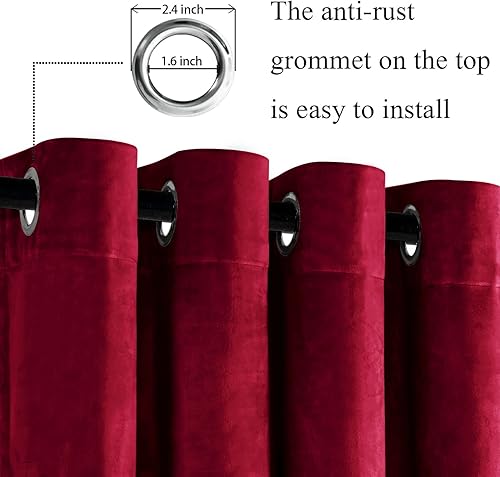 Miniatura 2 de JIUZHEN Cortinas de terciopelo rojo de 90 pulgadas de largo, cortinas opacas de terciopelo suave con ojales, aislamiento térmico y reducción de