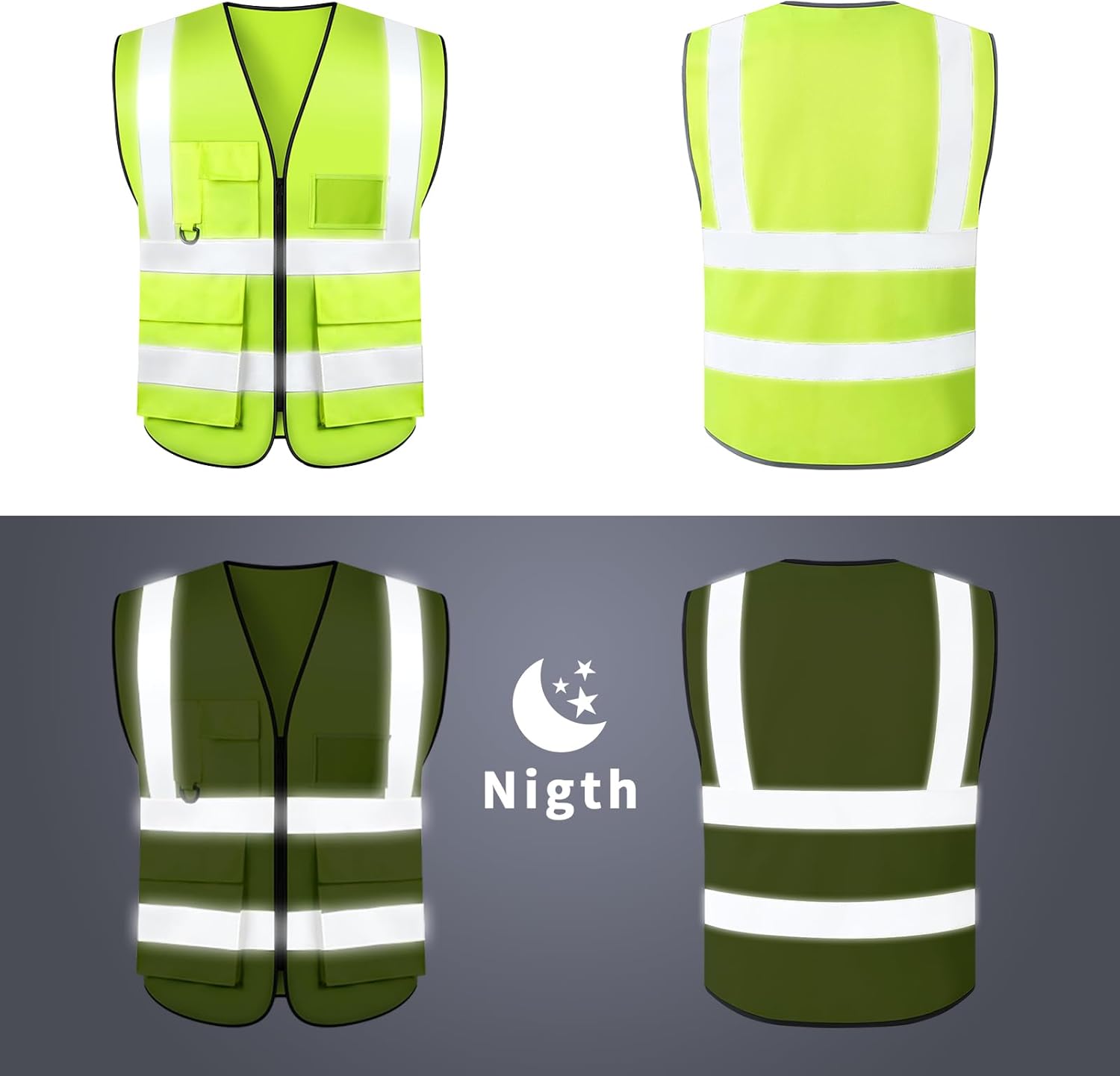 Safety Vests,Hi Vis Vest Reflective Vest with 5 Pockets and Zipper for Men Women, Neon Working Vest for Outdoor One Size