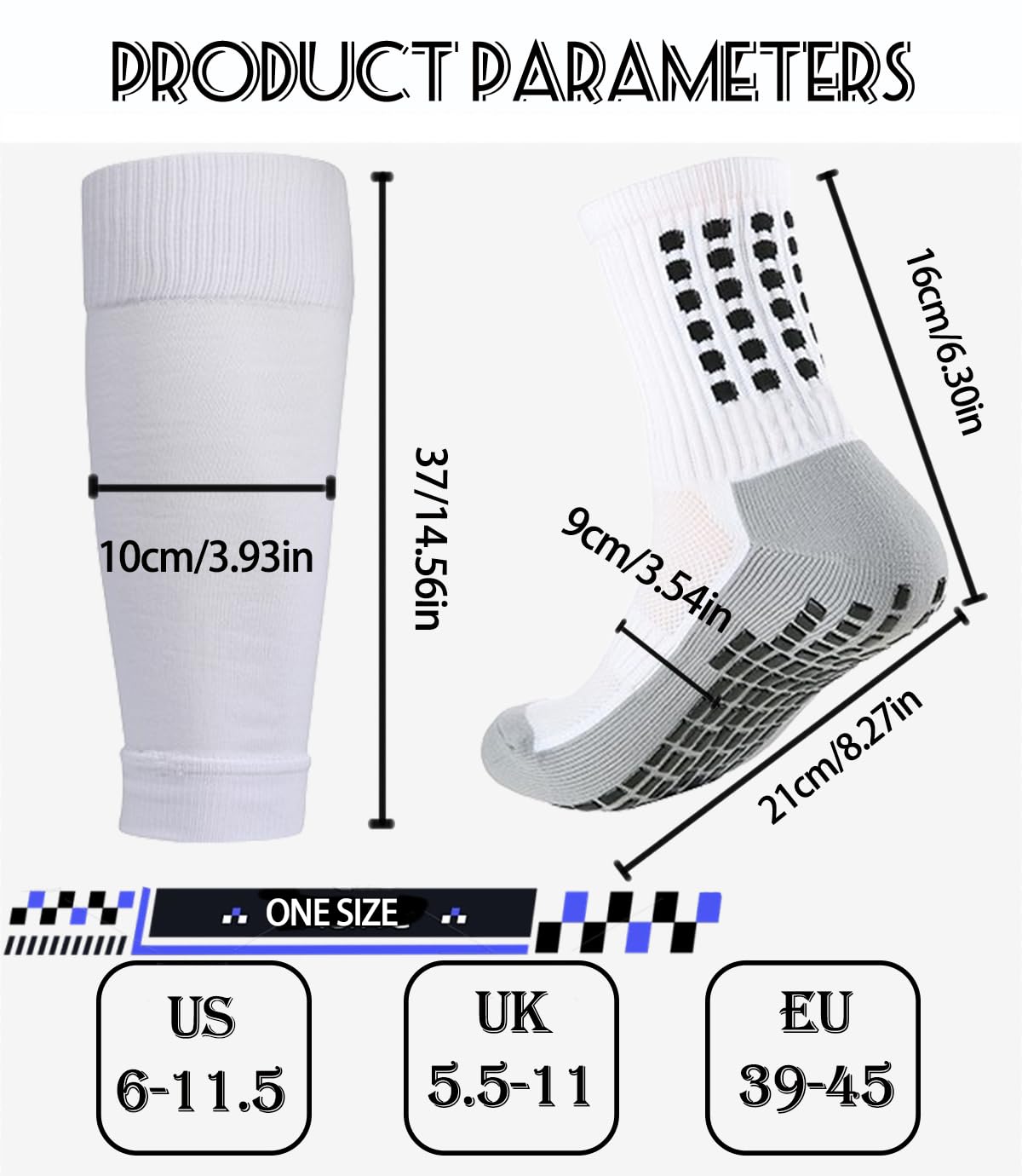 1 juego de calcetines de agarre de fútbol, mangas de espinilleras para fútbol y baloncesto para hombres y mujeres, color negro/blanco, talla única