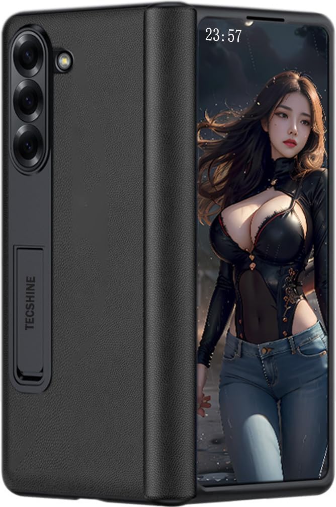 Leather Case for Samsung Galaxy Z Fold5, Hinged Cover for Samsung Galaxy Z Fold5 Phone, Bracket, Mobile Phone Shell, Support Frame, Leather Holster -Black