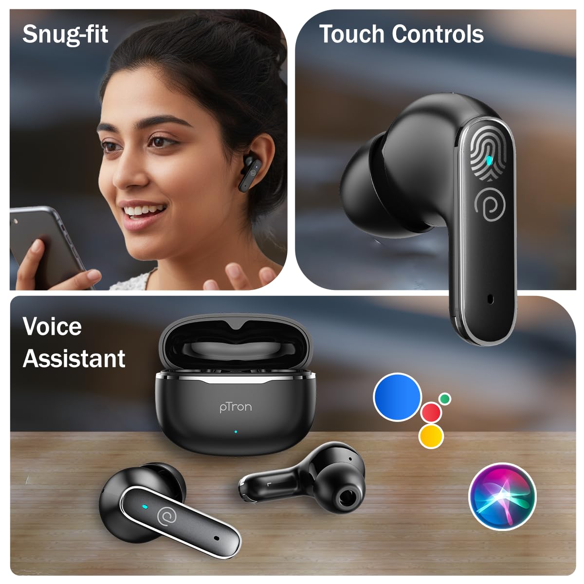 pTron Bassbuds Eon in-Ear TWS Earbuds w/ 13mm Drivers, 45Hrs Playtime, Dual HD Mic & TruTalk AI-ENC Calls, Custom EQ,Mobile App, Bluetooth v6.0 Headphones,Voice Assist., Type C Charging & IPX5 (Black) — Amazon image 7
