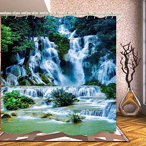 Image of LYFANS Bathroom Uses 3D Shower Curtain with Alpine Waterfall, Luxury Bathtub Waterproof Shower Curtains, Bright Fabric Shower Curtain, Size (72x79 inches)