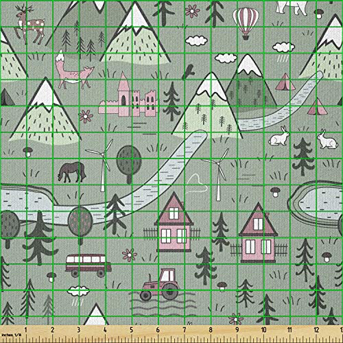 Image of Ambesonne Landscape Fabric by The Yard, Scandinavian Theme Inspired Image with Rural and Forest Elements, Stretch Knit Fabric for Clothing Sewing and Arts Crafts, 2 Yards, Pale Reseda Green and Rose