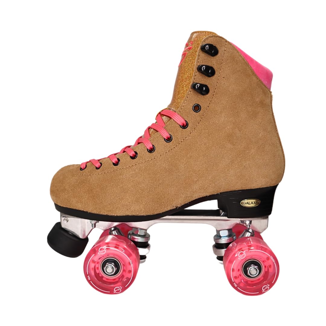 Galaxy Skates Venus Rose LED Roller Skates - Women's Suede Leather Light Up Quad Skates, Indoor Outdoor Skating, Premium Roller Skates Multiple Sizes (8)