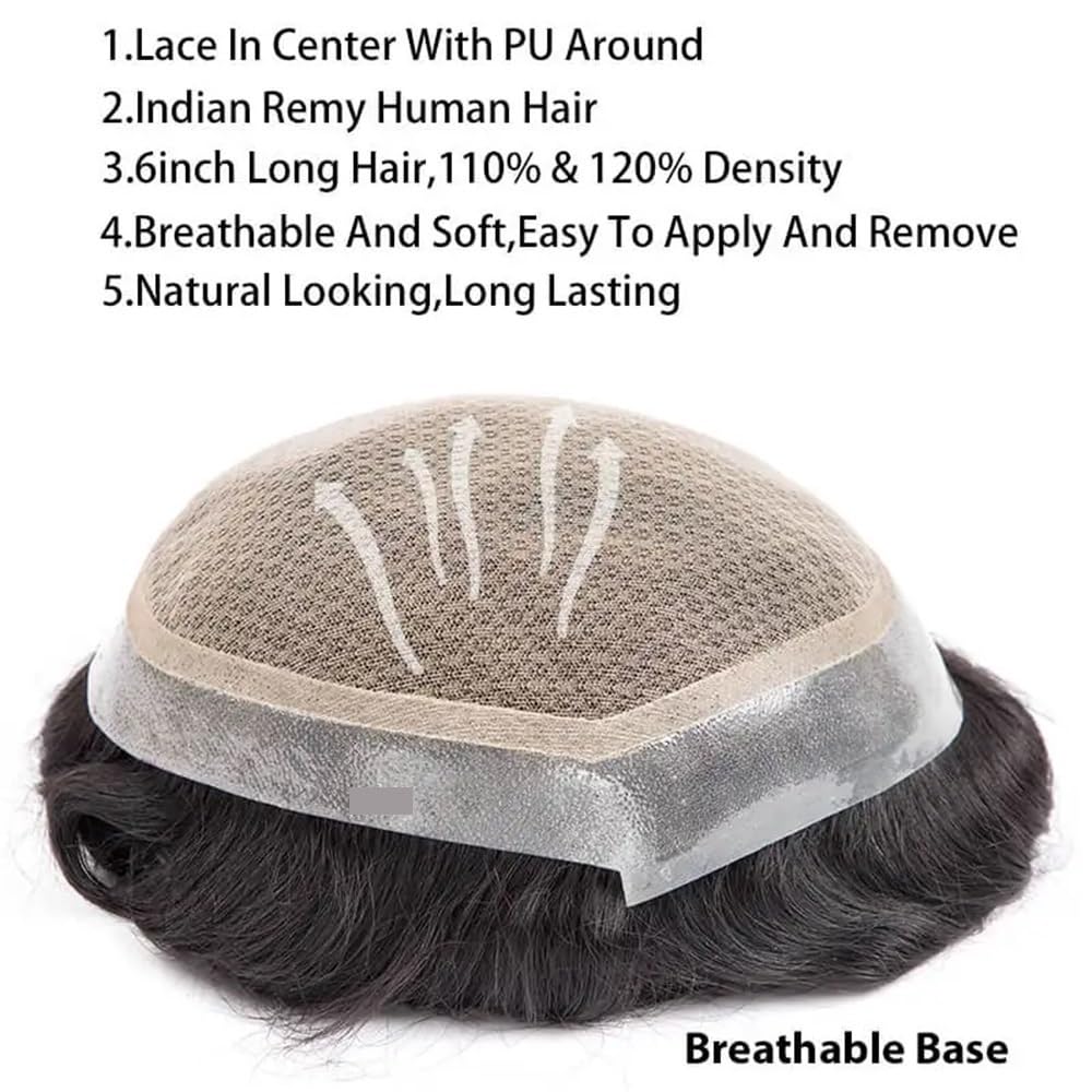 Men's Toupee Parrucca da uomo a doppio strato in pizzo PU, sistema di sostituzione capillare, protesi for capelli umani, traspirante, resistente, parrucche maschili 1B40(6"x9")