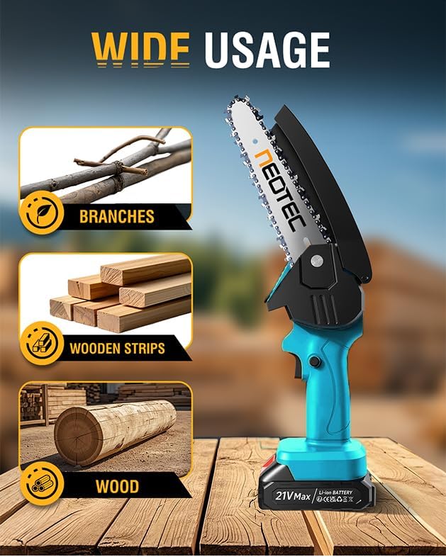 Miniatura 7 de NEOTEC - Mini motosierra inalámbrica de 6 pulgadas, motosierra eléctrica de mano de 4000 mAh, funciona con batería con doble bloqueo de seguridad,