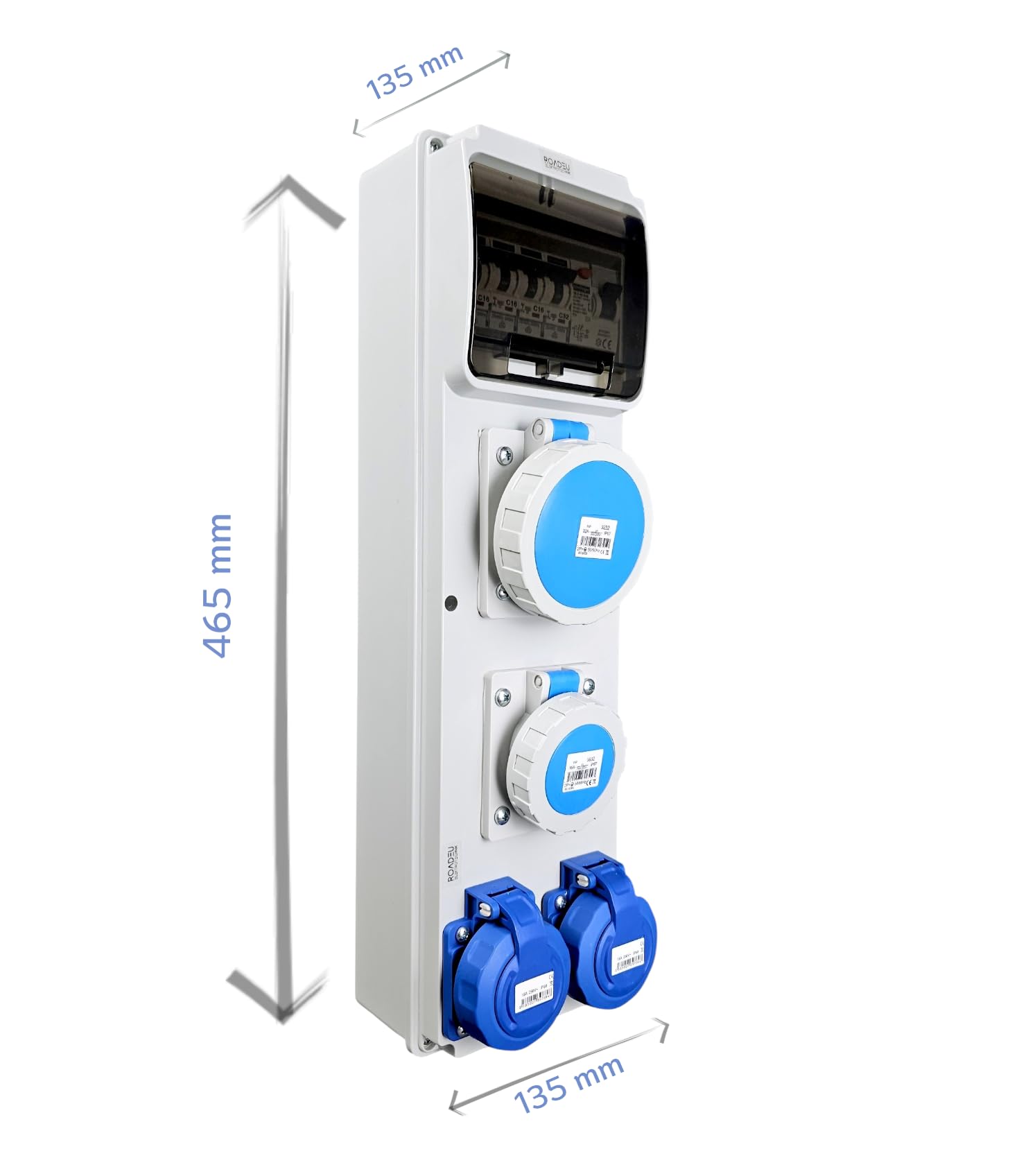 RoadEu Cuadro eléctrico 230V IP65 con diferencial 40A 30mA y magnetotérmicos | 1 toma CEE 32A, 1 CEE 16A y 2 Schuko | precableado para obra, taller y exterior