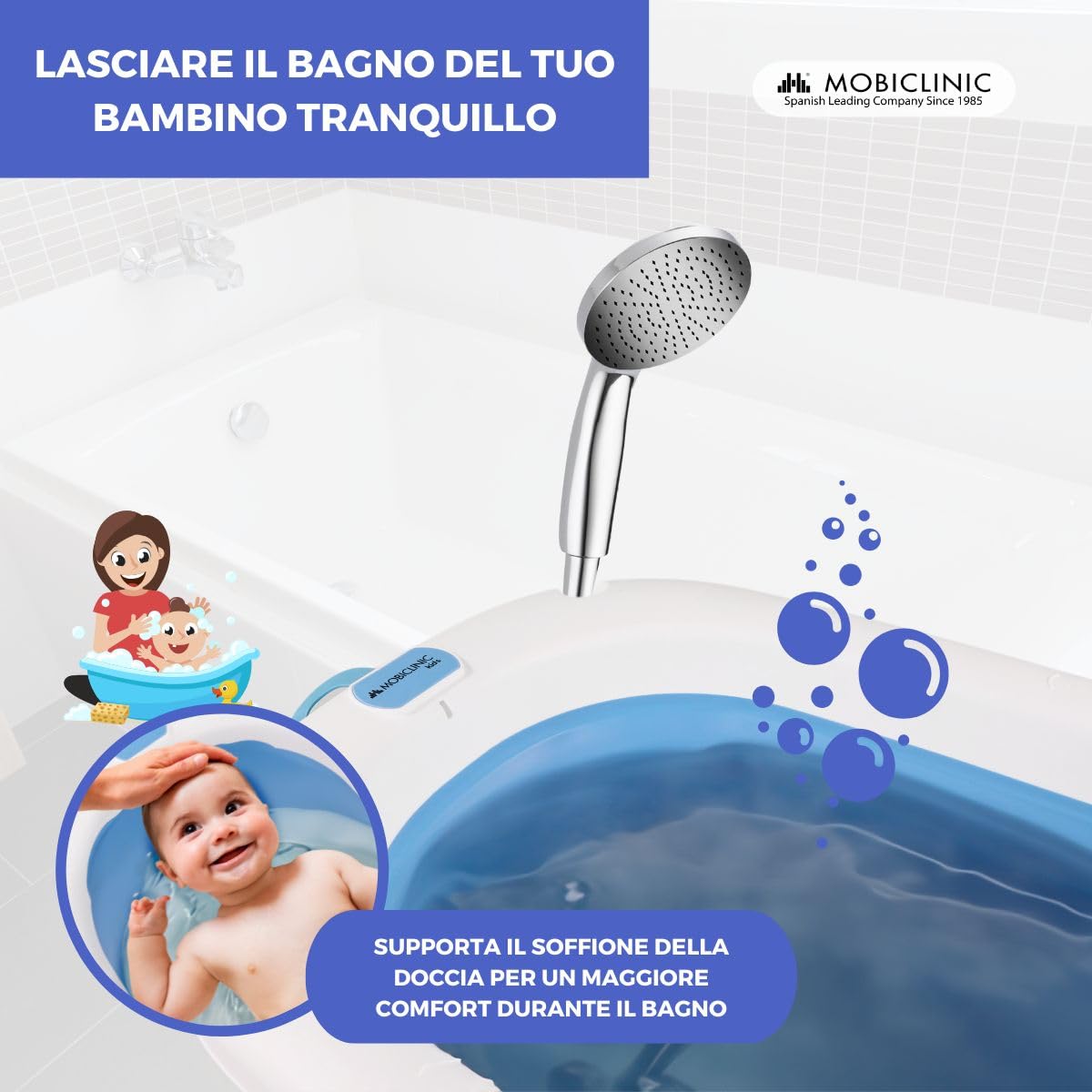 Mobiclinic® kids, Vaschetta bagnetto neonato, Pieghevole, Bubba, Design interno antiscivolo, Facile trasportare, Maniglia per appenderla, Include tubo di drenaggio, Piedini, Sicuro, Blu