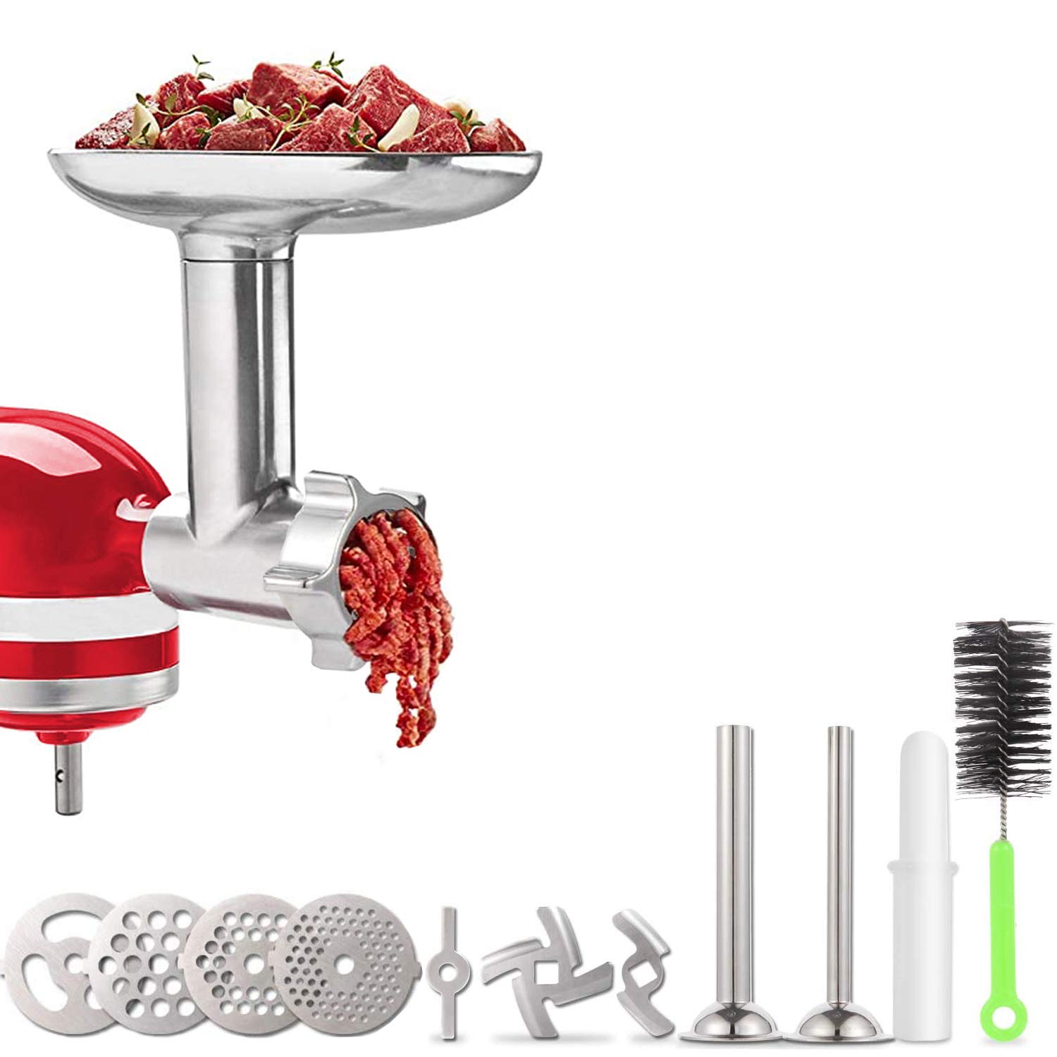 Meat Grinder Attachment for KitchenAid Stand Mixers, Accessories Included 2 Sausage Stuffer Tubes, Durable Metal Food Grinder Attachments by Kitchood, Silver
