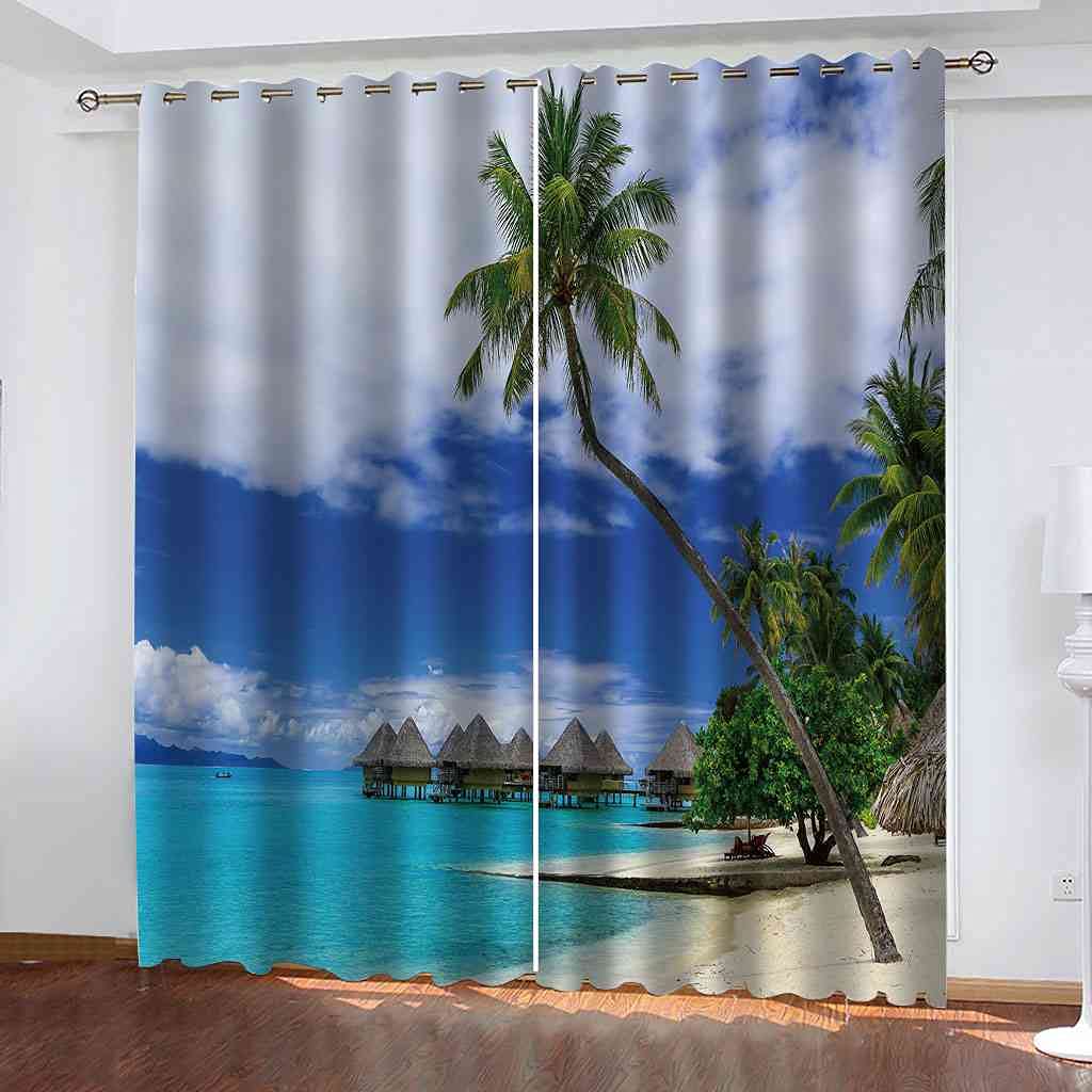 Rideaux occultants bleu paysage marin 3D polyester pour tringle à œillets salon et chambre