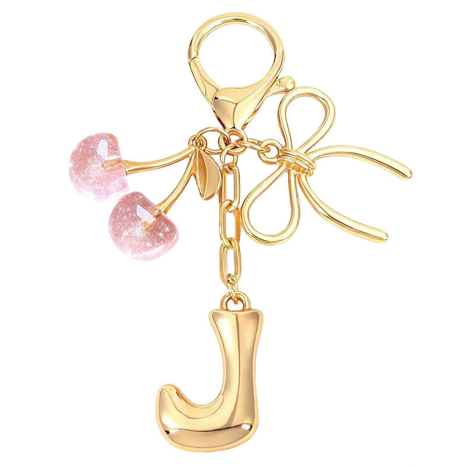 Snylcce Gold Initial Letter J Keychain with Bow & Pink Crystal Cherry Cute Bag Charm for Women Purse Accessories