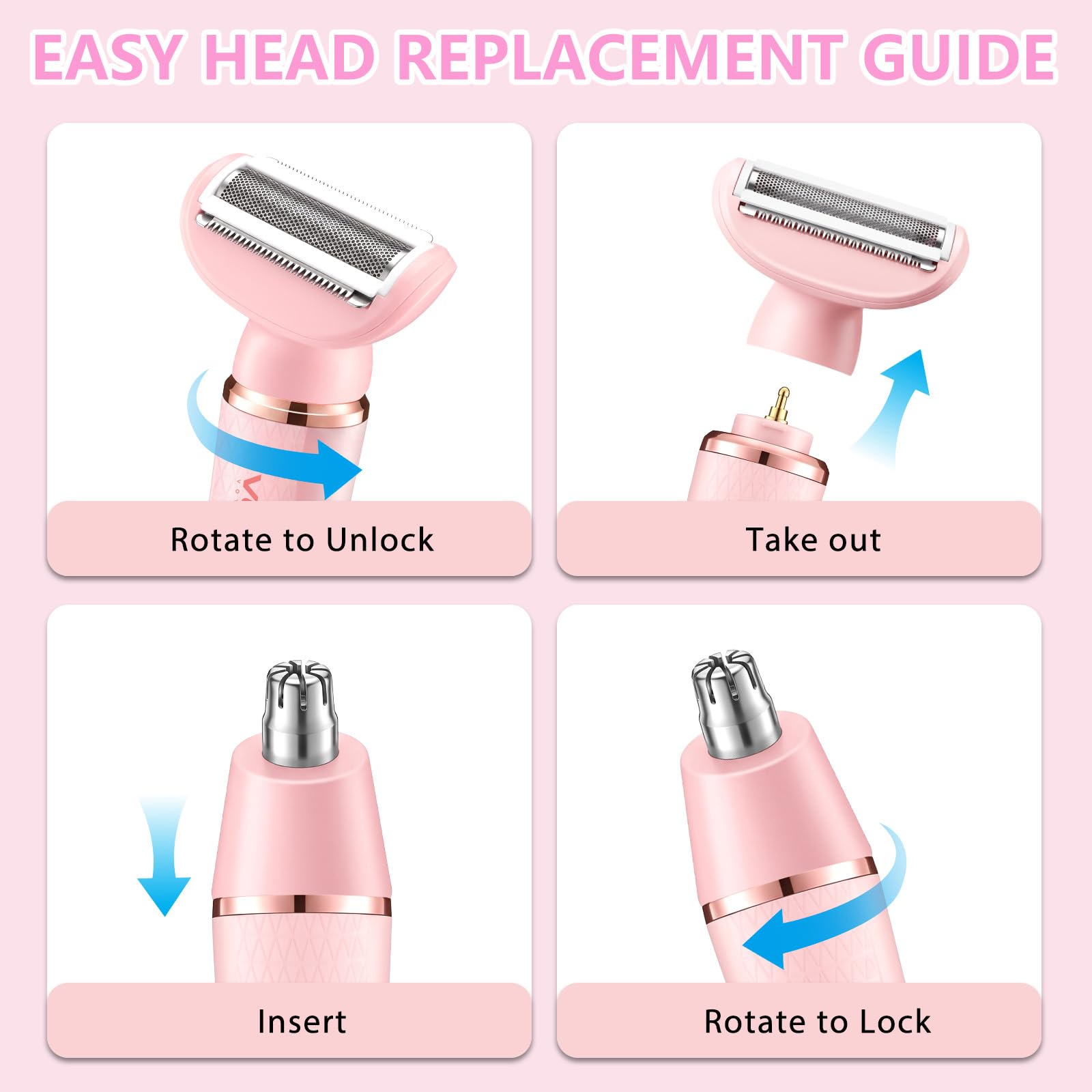 VGR 761 Epilatore Donne, 4 in 1 Rasatore Intimo Senza Fili per Donne, Rasoio Elettrico Femminile e Epilatore Viso, Rasoio Elettrico per Gambe, Viso, Corpo e Ascelle, Rosa