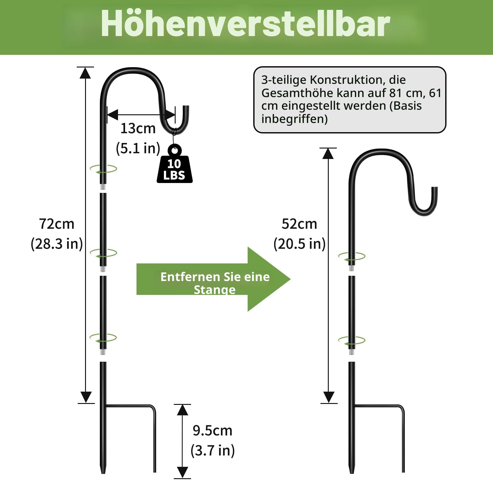 SEGNAYEN Verstellbarer Schäferhaken, 81 cm, Metallpfahlbasis, zum Aufhängen von Weihnachtsgartenlichtern und Pflanzkörben, Schwarz, 4 Stück