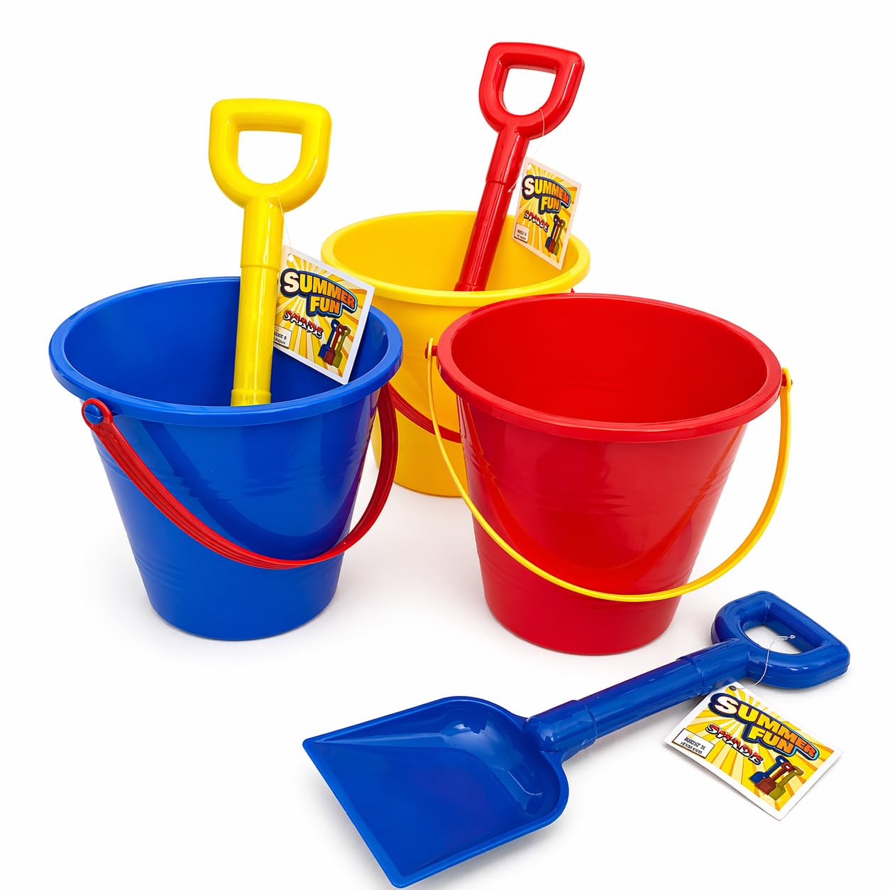 Kids Beach Bucket & Spade Set – 3 Pack Colourful Sand Toys for Children, Plastic Buckets (14 cm) with 25 cm Shovels, Red Yellow Blue, Outdoor Sandpit & Holiday Toys