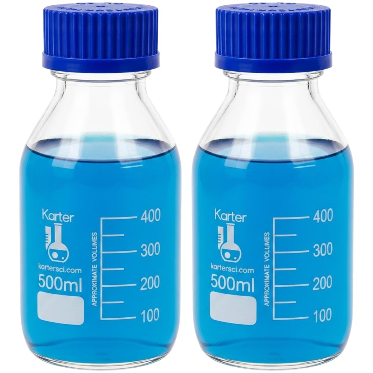 Botellas redondas de vidrio de 500 ml con tapa de rosca GL45, vidrio de borosilicato, Karter Scientific 251M8 (paquete de 2)