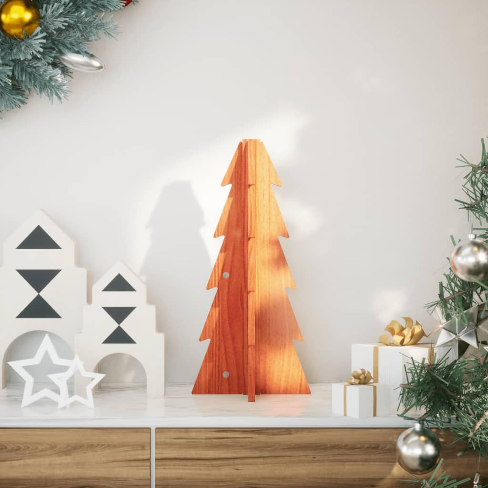 Homgoday Albero di Natale in Legno di Pino Massello 49cm, Design Rustico Fai Da Te, Base Stabile, per Interno