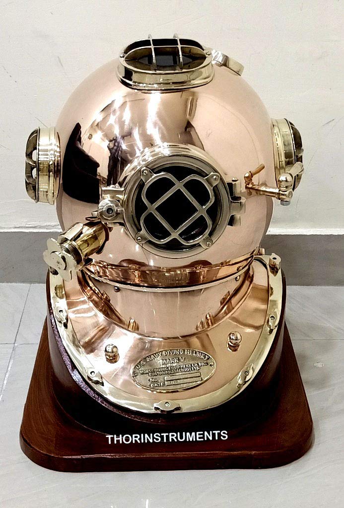 U.S. Navy Mark V Copper & Brass Diving Helmet Replica with Wooden Base Full-Size 18