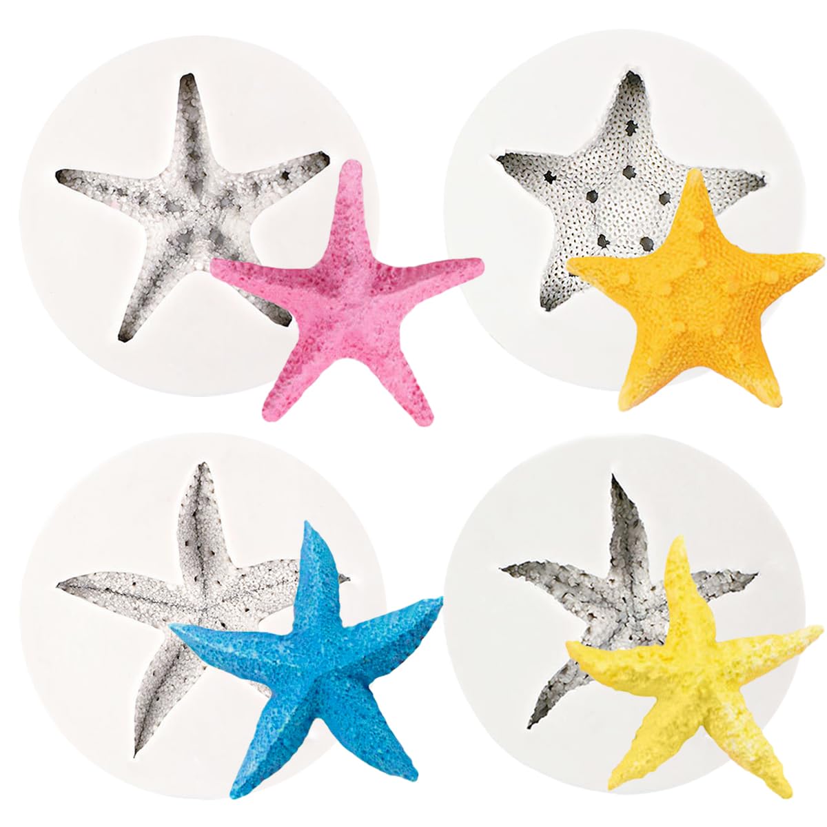 Muiltvoe 4 PCS Starfish Theme Cake Fondant Silicone Mold Starfishs Baking Molds for DIY Cake Decoration Chocolate Candy Polymer Clay Crafting Projects