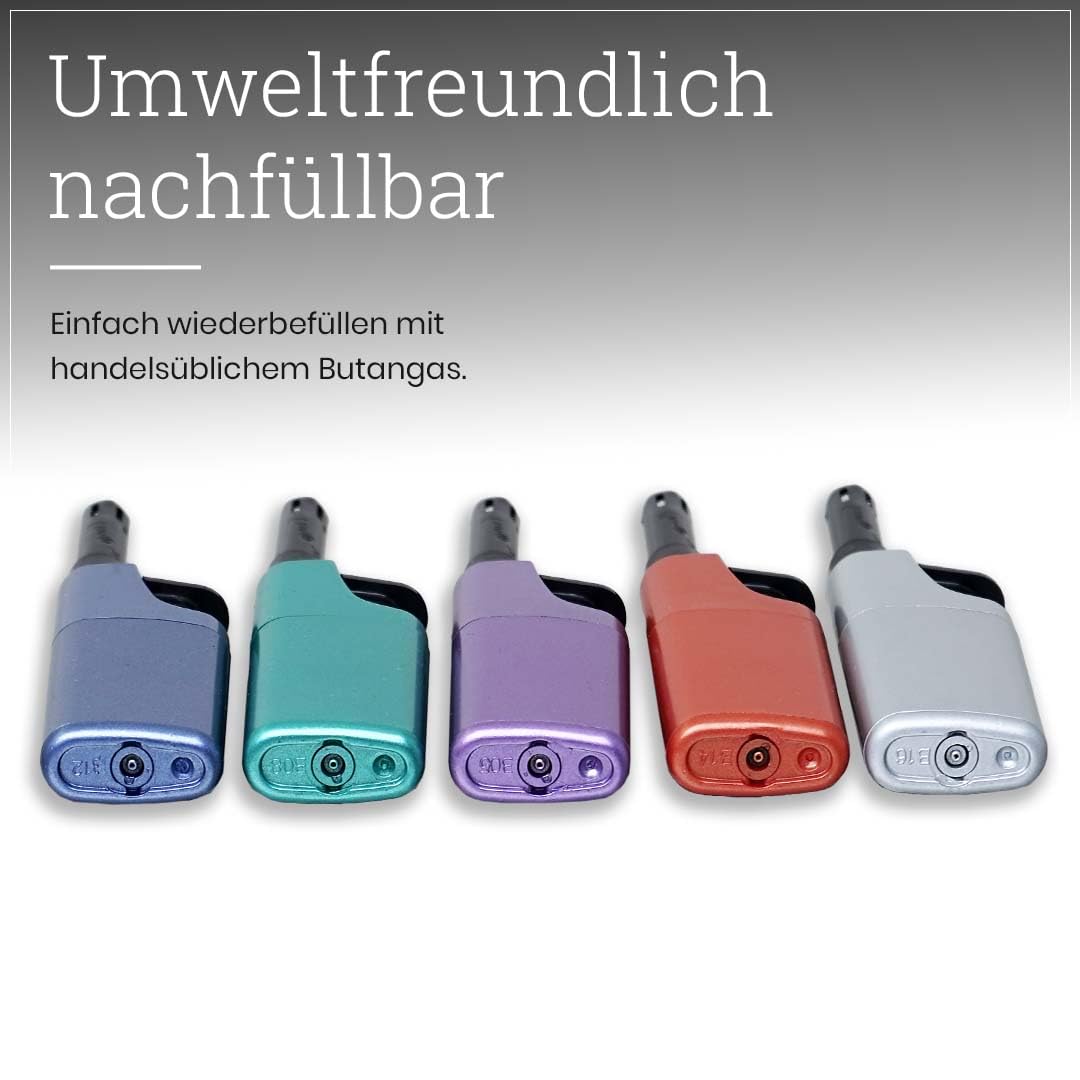 Komfort Feuerzeug 5er Pack – Ergonomisch - Barrierefrei - Seniorengerecht– Nachfüllbare Piezo Gasanzünder mit Leichtbedienung – Metallic & Farbig – Für Kerzen, Grill & Outdoor