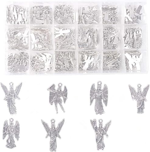 ChangJin - Una caja de 180 dijes de ángeles de metal plateado envejecido para hacer joyas en almacenamiento (7 estilos), Metal, No es una piedra