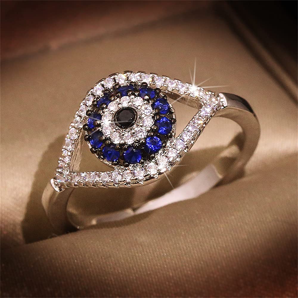 925 Sterling Silver Crystal Clear & Blue CZ's Evil Eye Rings for Women Cubic Zirconia Sapphire ring Female Ring with an Eye Jewelry Gifts ST.065 (8)