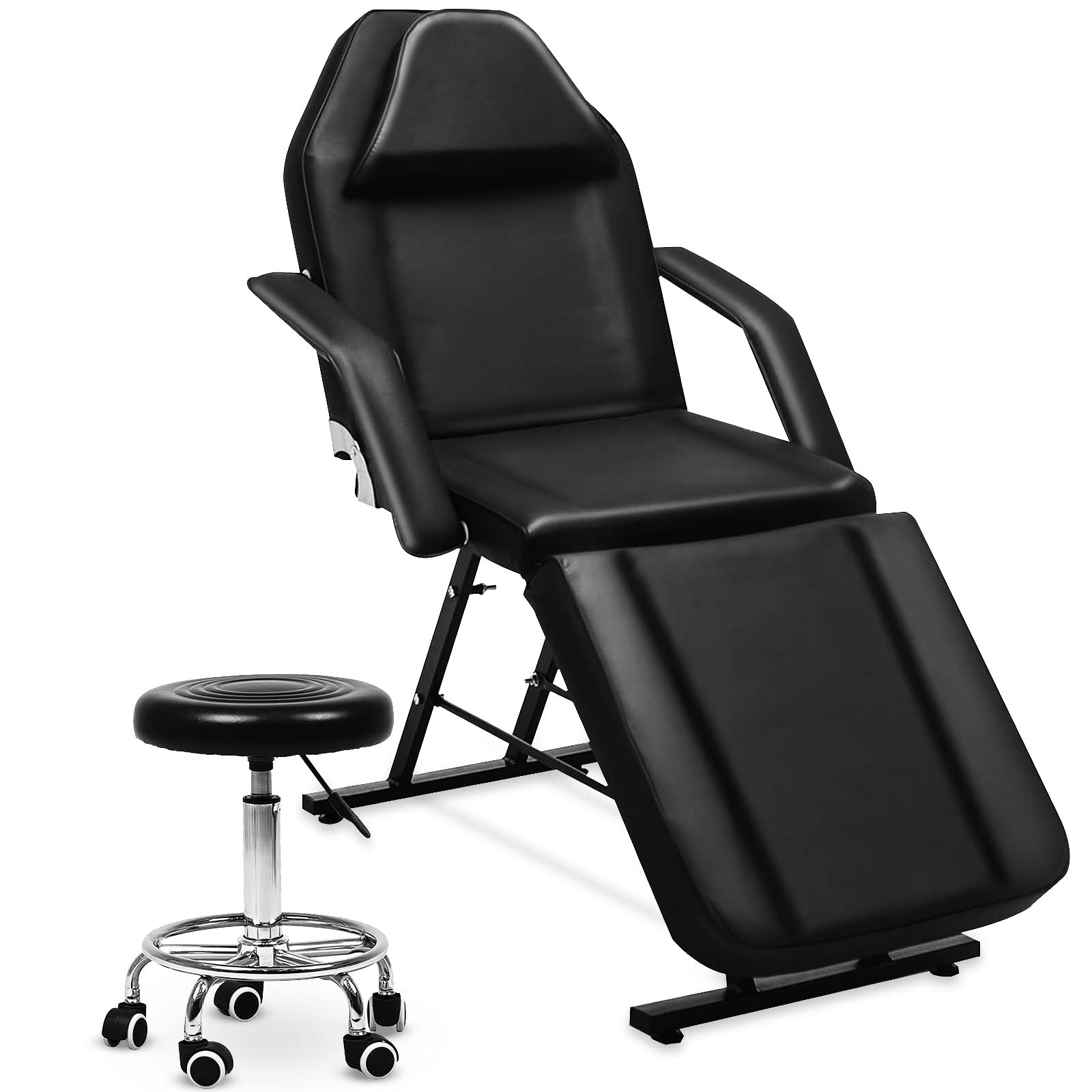 KEEPREAPER Massageliege Kosmetikliege klappbar & höhenverstellbar 3 Zonen mit Kosmetikhocker 78cm Breit Massagebett aus PU-Leder belastbar bis 270kg, Schwarz