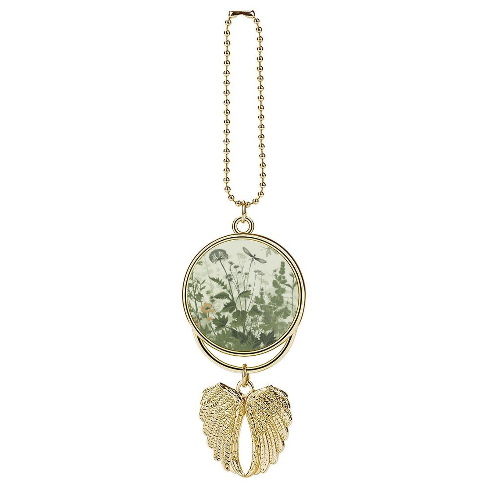 Foliage and Herbs with Dragonflies Winged Car Pendant Car Rearview Mirror Pendant Custom Photo Car Hanging Ornament Car Rear View Mirror Hanging Accessories Angel Wing Car Charm Gift for Men Women