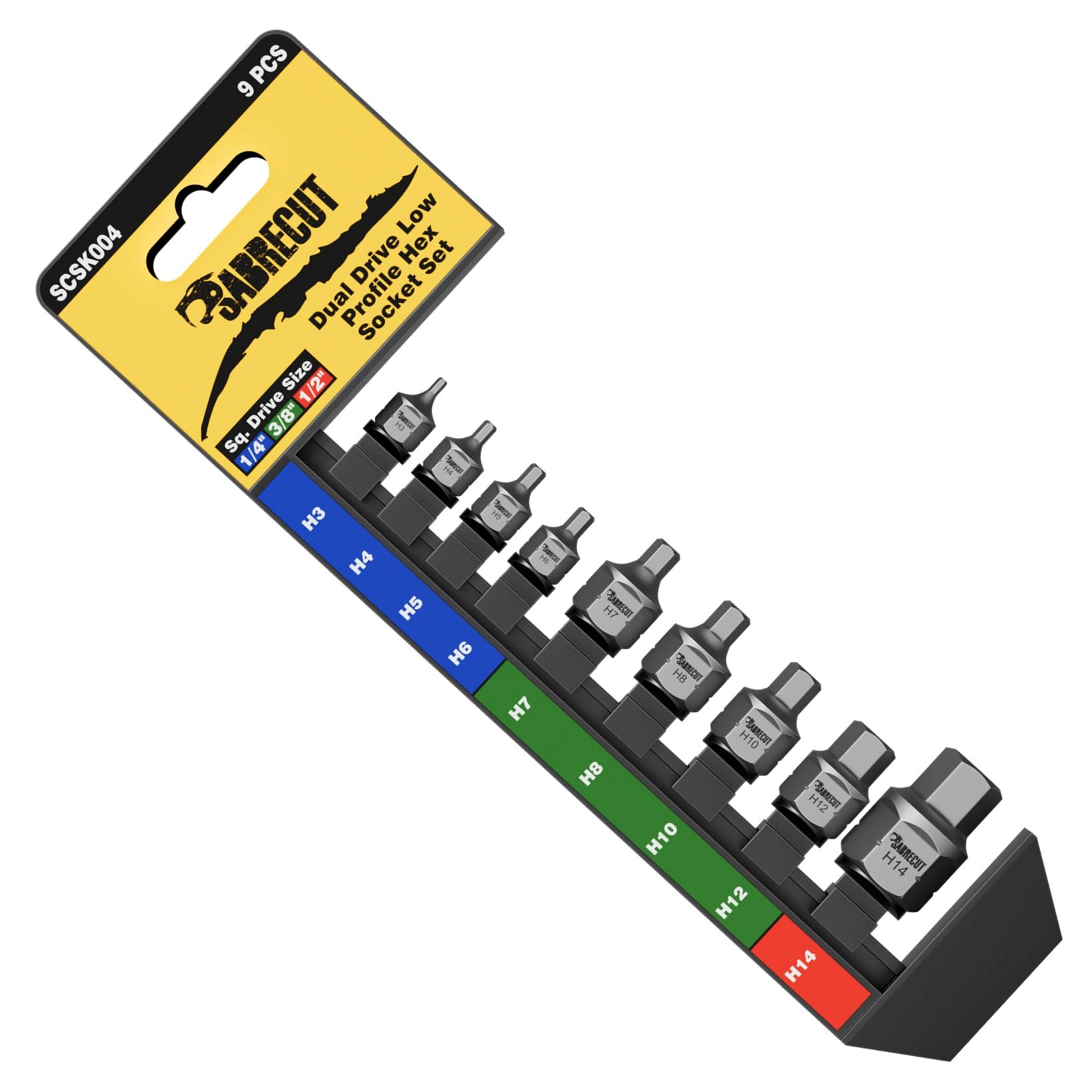 1 x SabreCut SCSK004 9pc Dual Drive Low Profile Hex Bit Socket Set H3–H14 – Ultra-Low Profile, 1/4" 3/8" 1/2" Square Drive + External Hex, S2 Impact Steel, Zinc Phosphate, Storage Rail