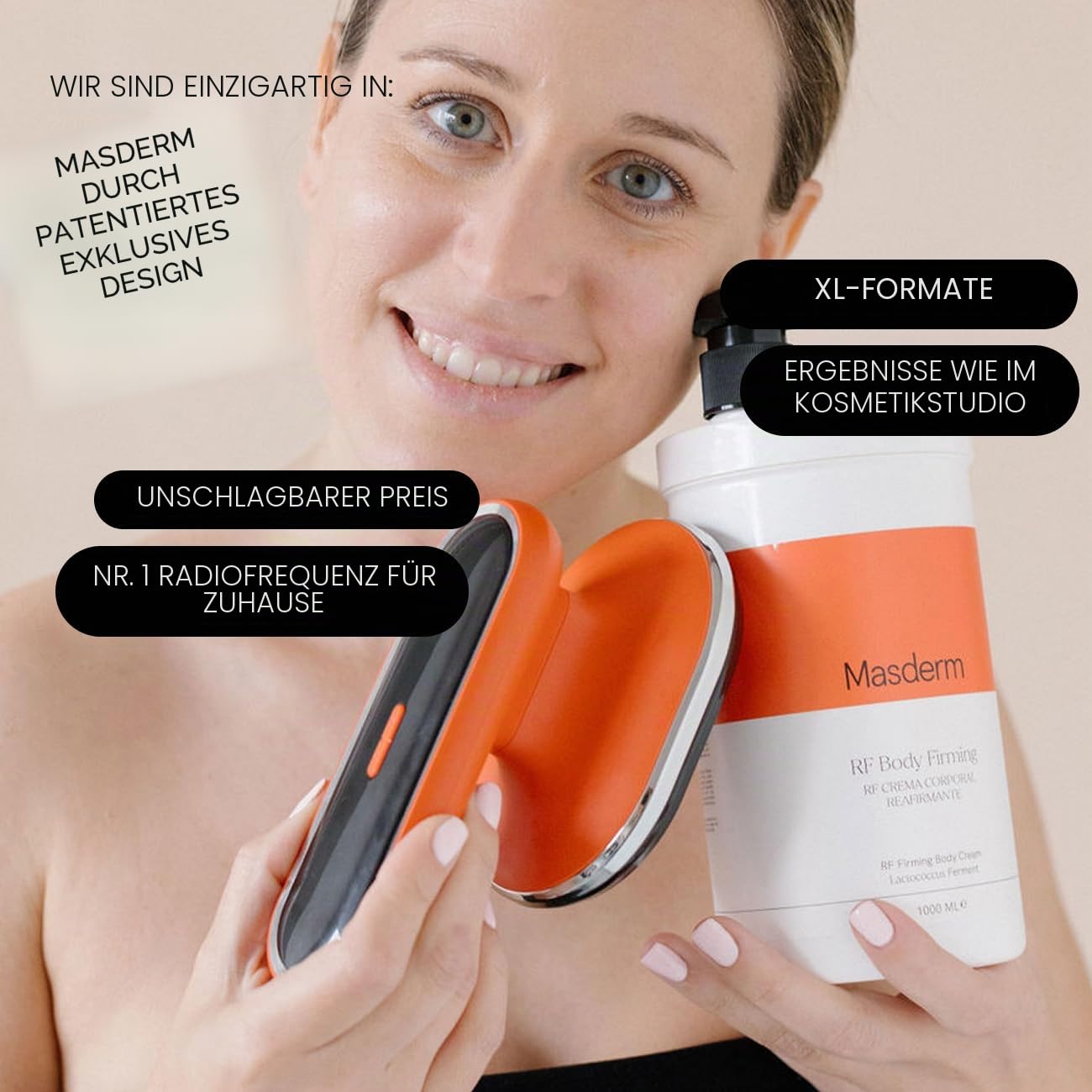 MASDERM Professionelles Radiofrequenz-Set für den Körper, 2-in-1, professionelles Funkgerät + straffende Körpercreme, 1 l, Kavitation