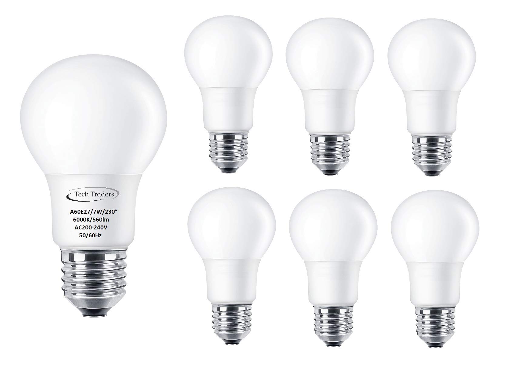 Tech Traders Cool White 7W(6000K) ® Led E27 Screw Light Bulbs 70W Equivalent, A60,Cool White (6000K), 7W Led Es Gls Bulb, Ultra Bright 560Lm, Led Light Bulb, Energy Saving Light Bulbs