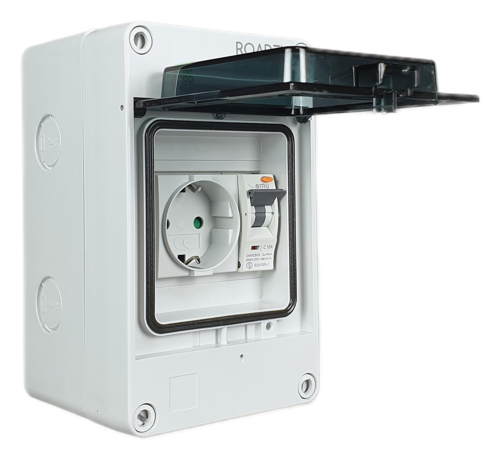 RoadEu | Quadro Elettrico IP65 con Differenziale FI e Magnetotermico C16 | Centralino da Parete Pronto all'Uso con Presa Schuko 230V Integrata | Per Ambienti Umidi, Cantieri e Officine