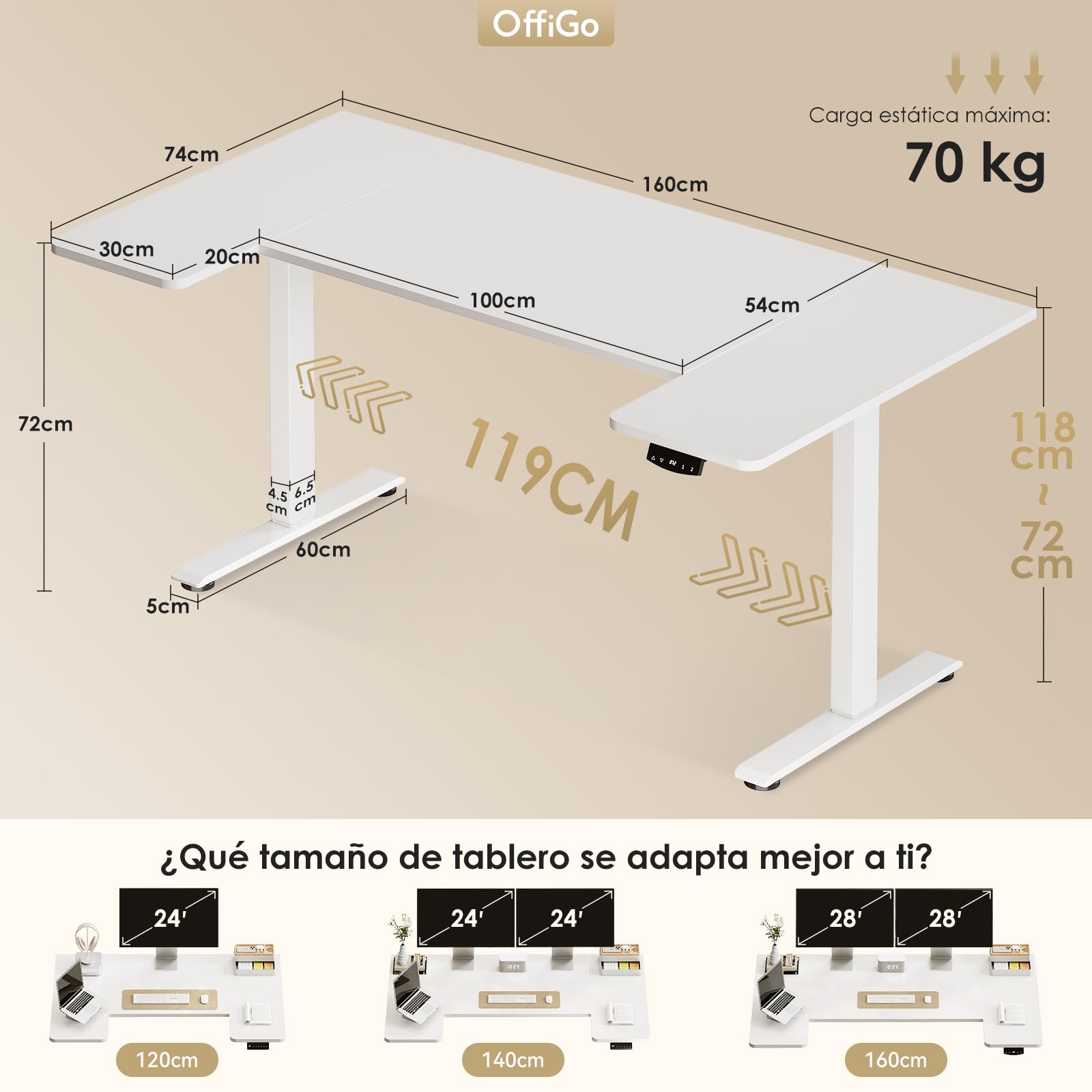 OffiGo Mesa Elevable Escritorio con Memoria, 140×70 cm, Blanco | Cubierta en forma de U, 2 memorias, eescritorio elevable para oficina en casa, mesa regulable 72-119 cm, motor silencioso