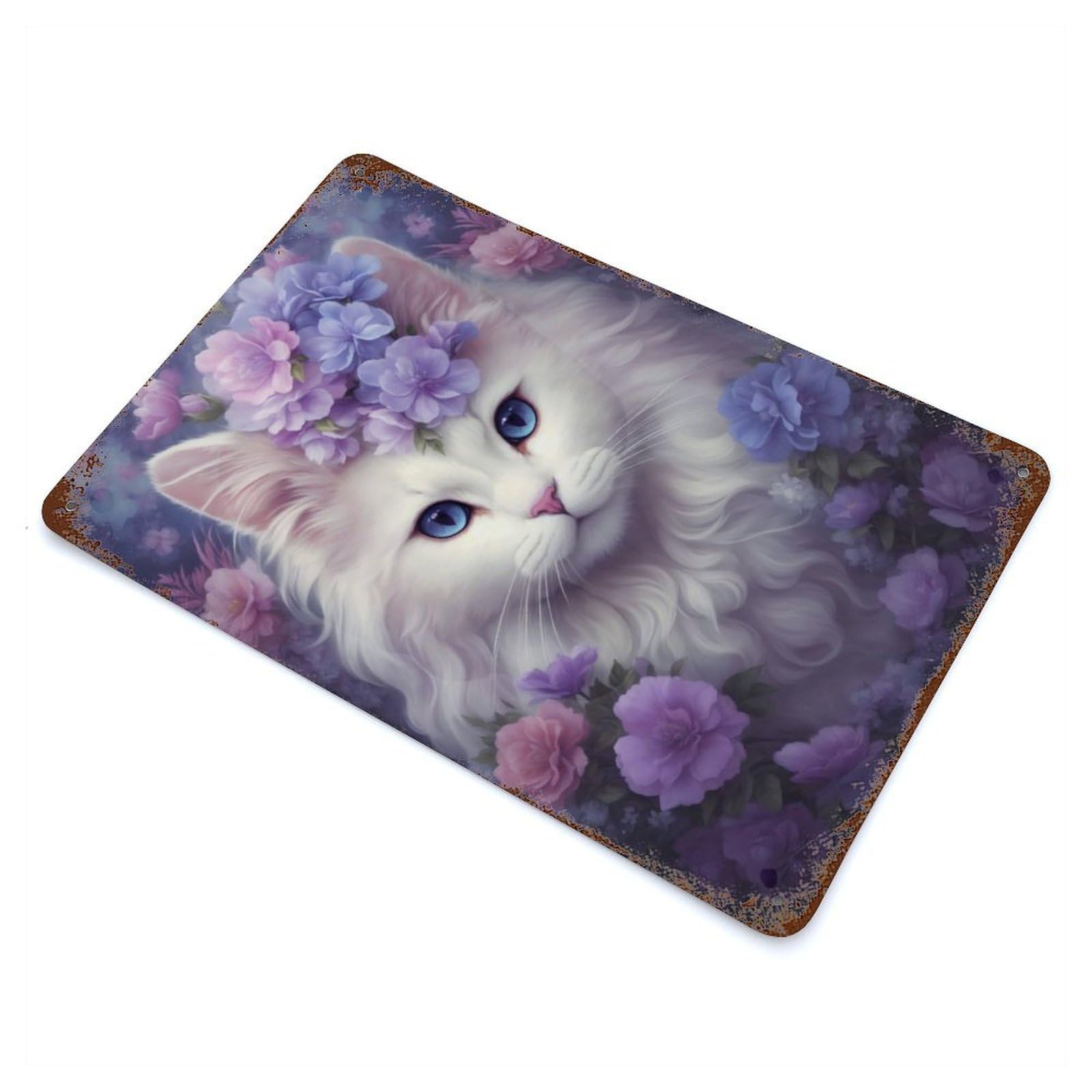 Rust Effect Whimsical White Cat Aged Metal Wall Plaque 11.8"x7.9", Rustic Home Decor for Bistro, Counter And Cafe Decor